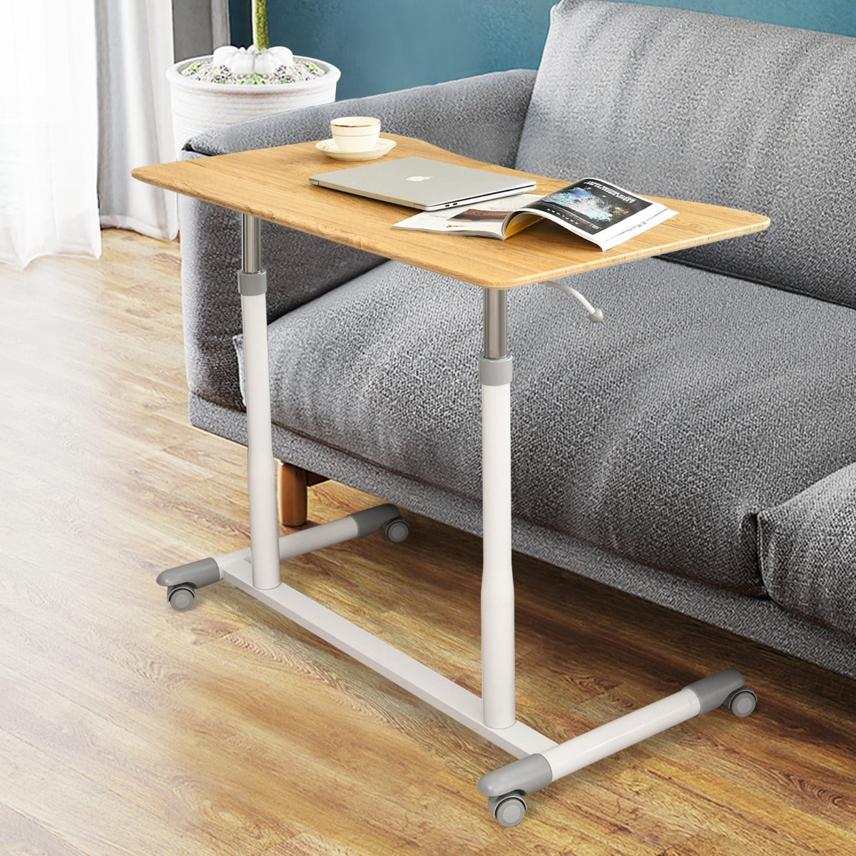 Mobile Height Adjustable Sit to Stand Up Computer Desk with Lockable Wheels