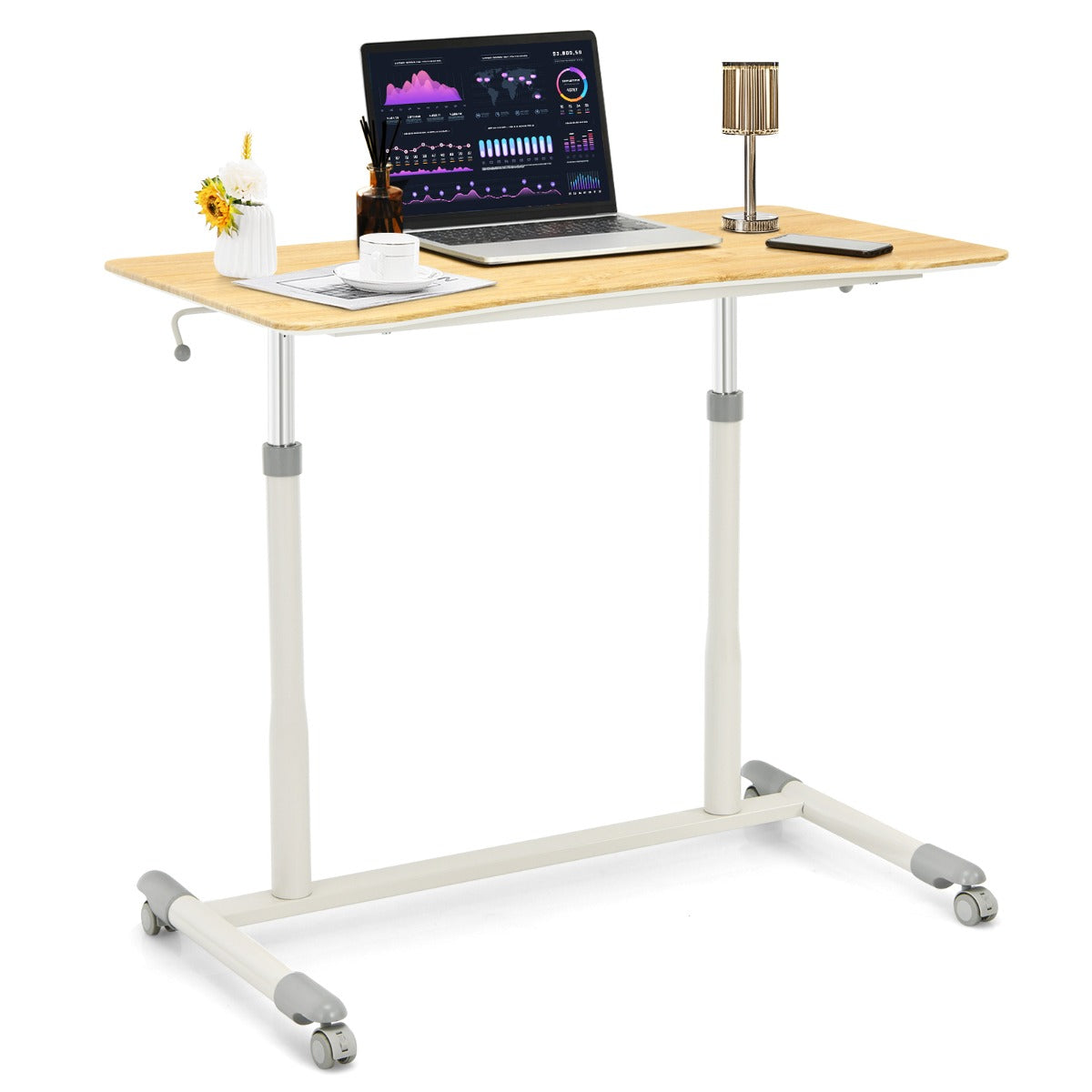 Mobile Height Adjustable Sit to Stand Up Computer Desk with Lockable Wheels