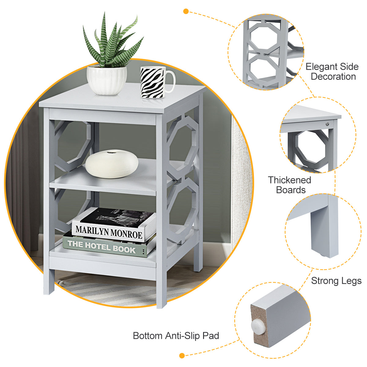 3-tier Nightstands with Stable Structure for Bedroom/Living Room