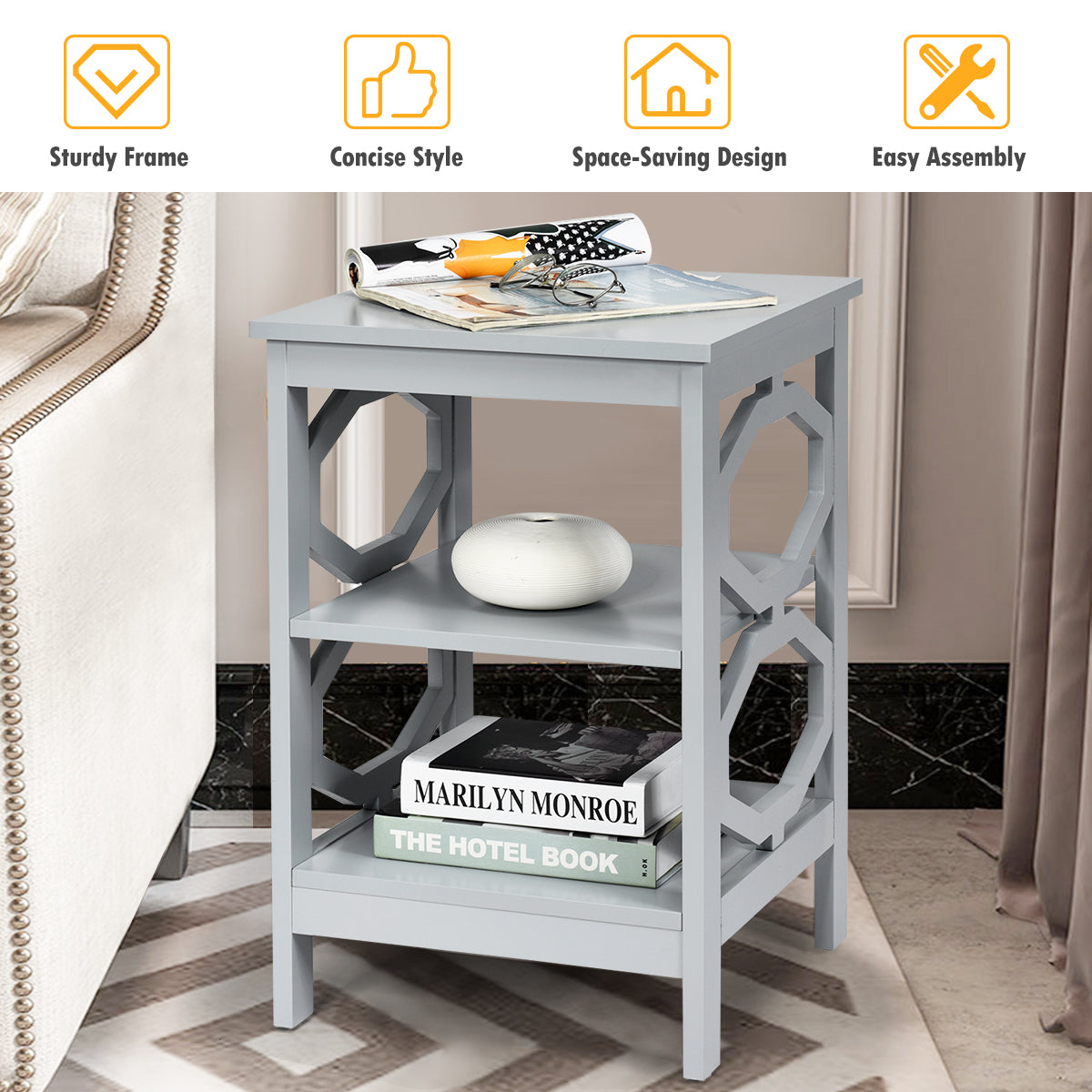 3-tier Nightstands with Stable Structure for Bedroom/Living Room