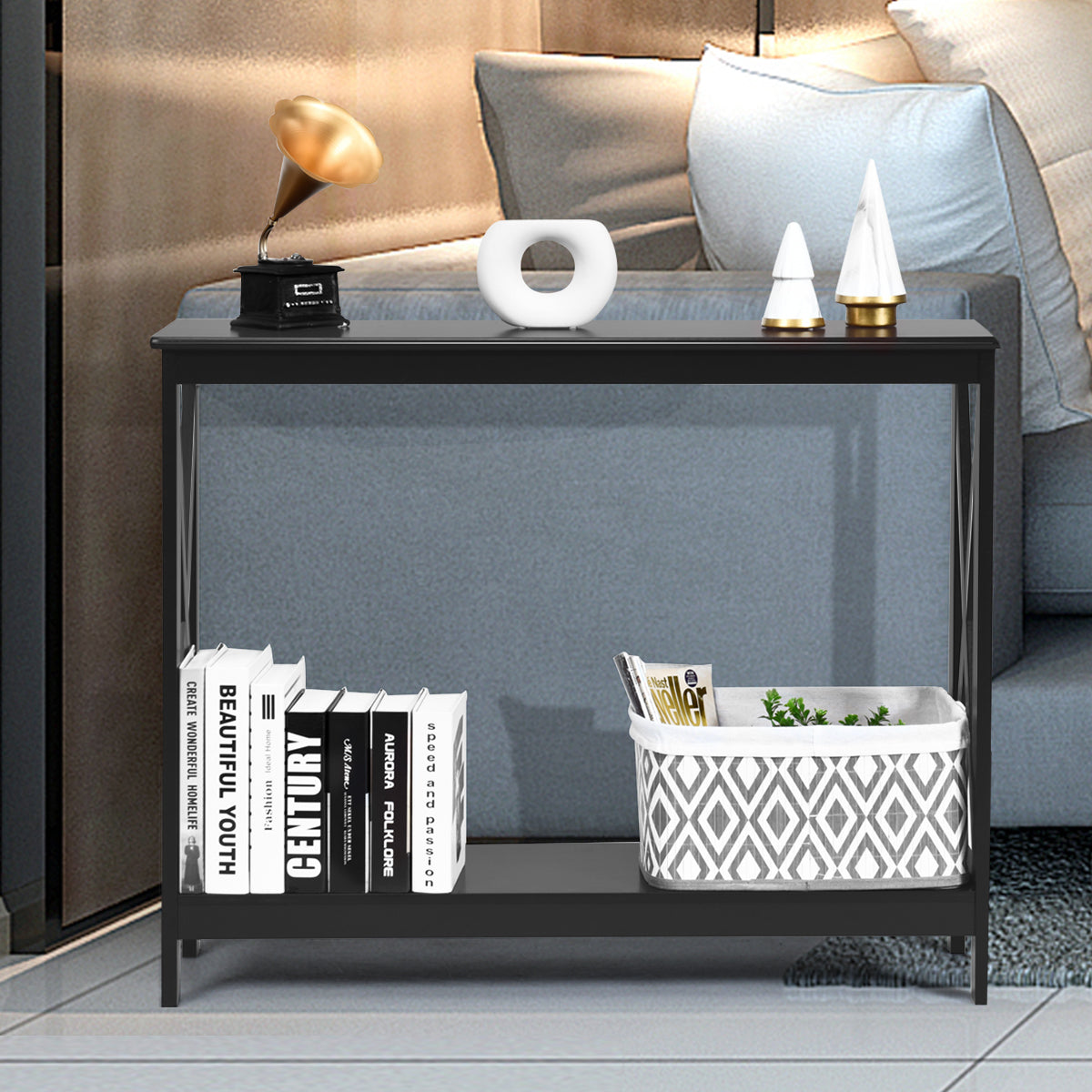 Industrial 2-Tier Narrow Console Table with Storage Shelf for Entryway