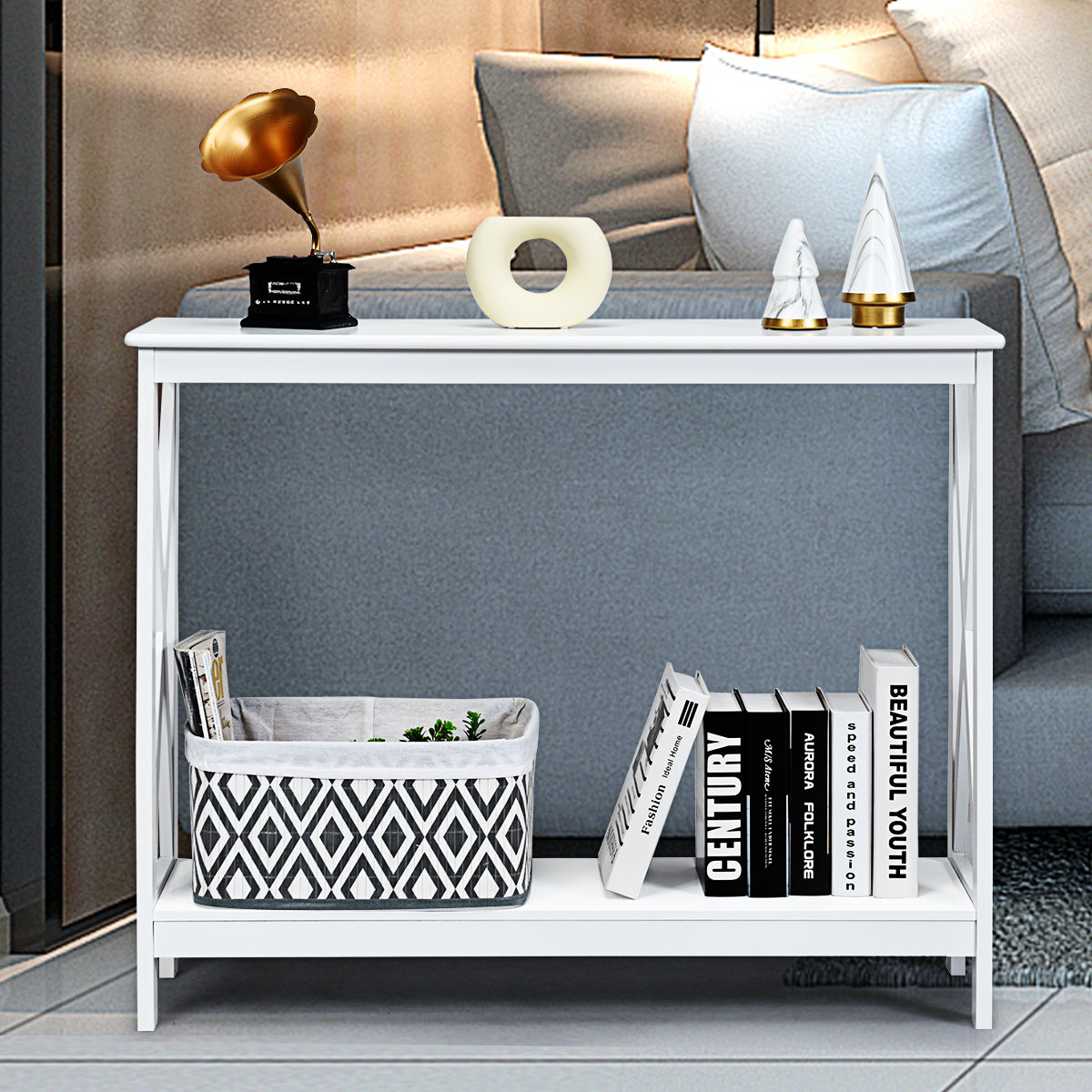 Industrial 2-Tier Narrow Console Table with Storage Shelf for Entryway