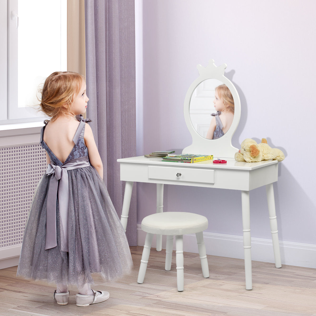 Vanity Makeup Table Set with Real Mirror for Little Girls