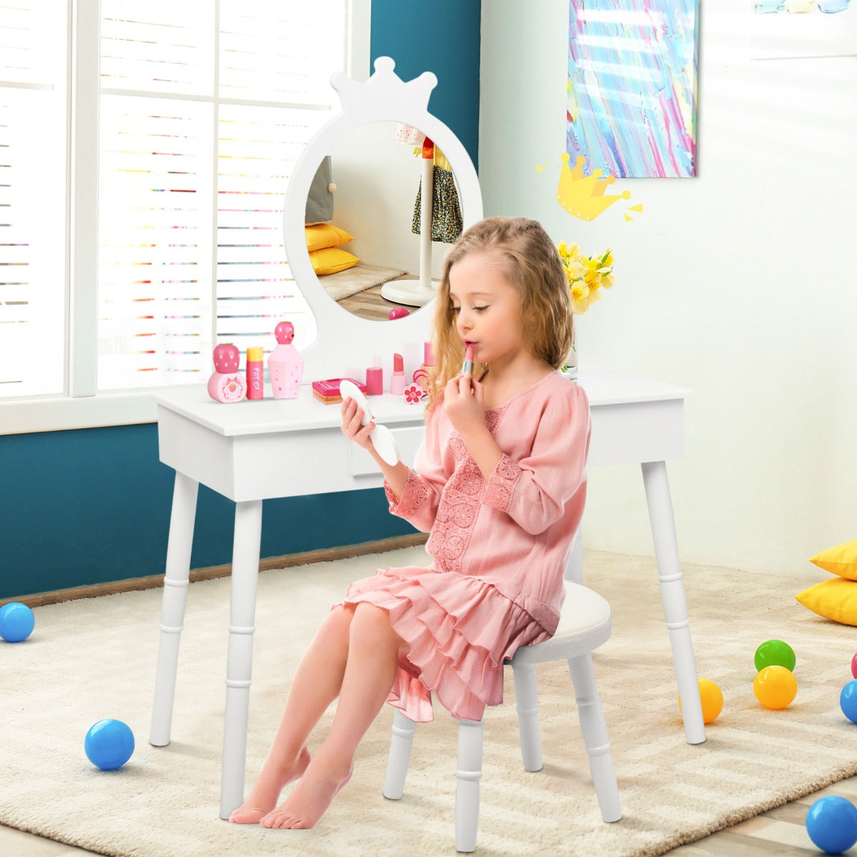 Vanity Makeup Table Set with Real Mirror for Little Girls