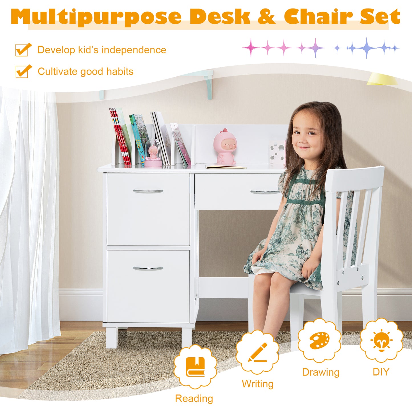 Kids Learning Desk & Chair Set for Bedroom & Study Room