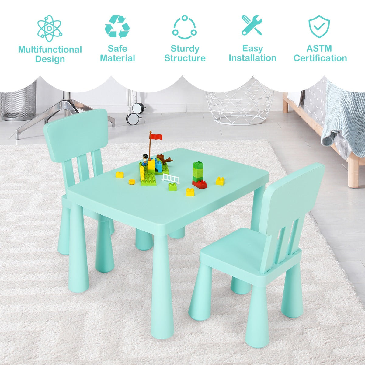 3 Pieces Kids Table and 2 Chairs Set for Reading