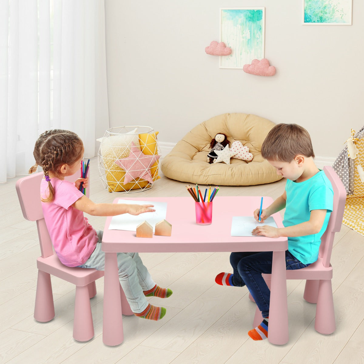 3 Pieces Kids Table and 2 Chairs Set for Reading