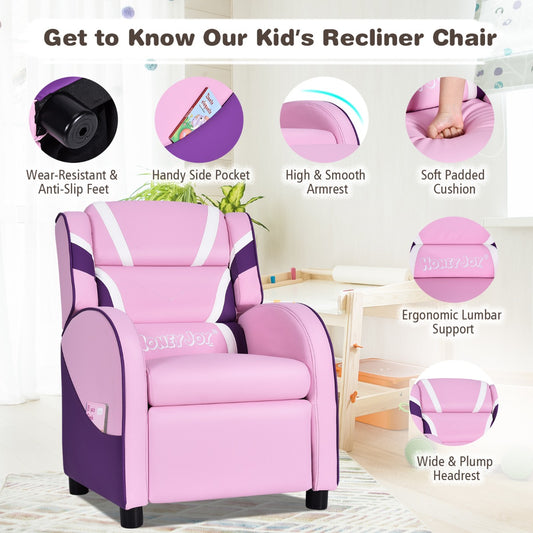 Ergonomic Pink Sofa Lounge Recliner with Adjustable Backrest & Storage Pocket for Kids