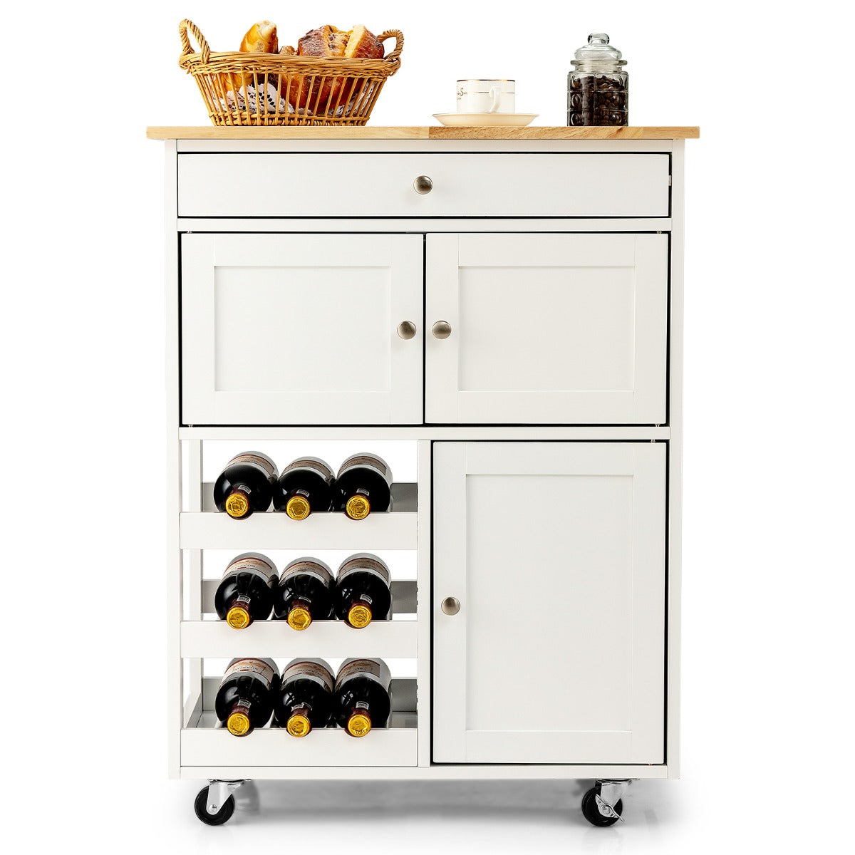 Rolling Kitchen Cart with 3 Tier Wine Racks and Cupboards