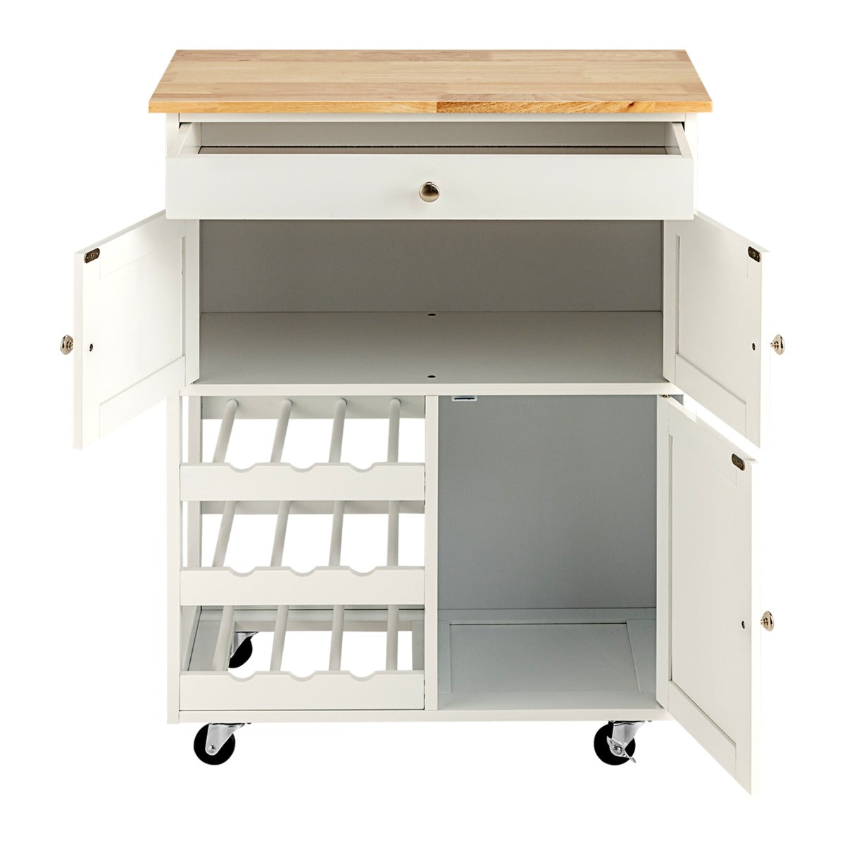 Rolling Kitchen Cart with 3 Tier Wine Racks and Cupboards