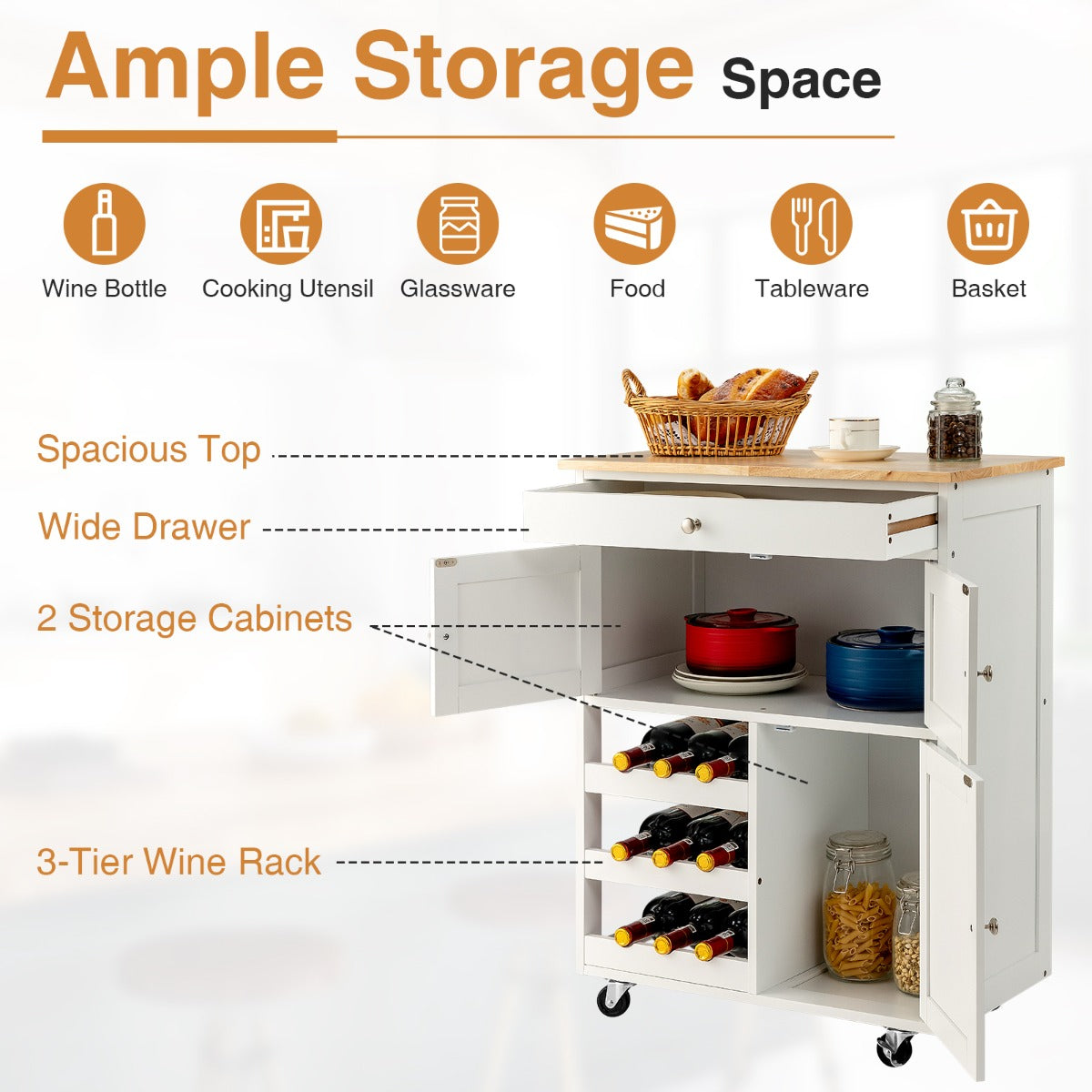 Rolling Kitchen Cart with 3 Tier Wine Racks and Cupboards