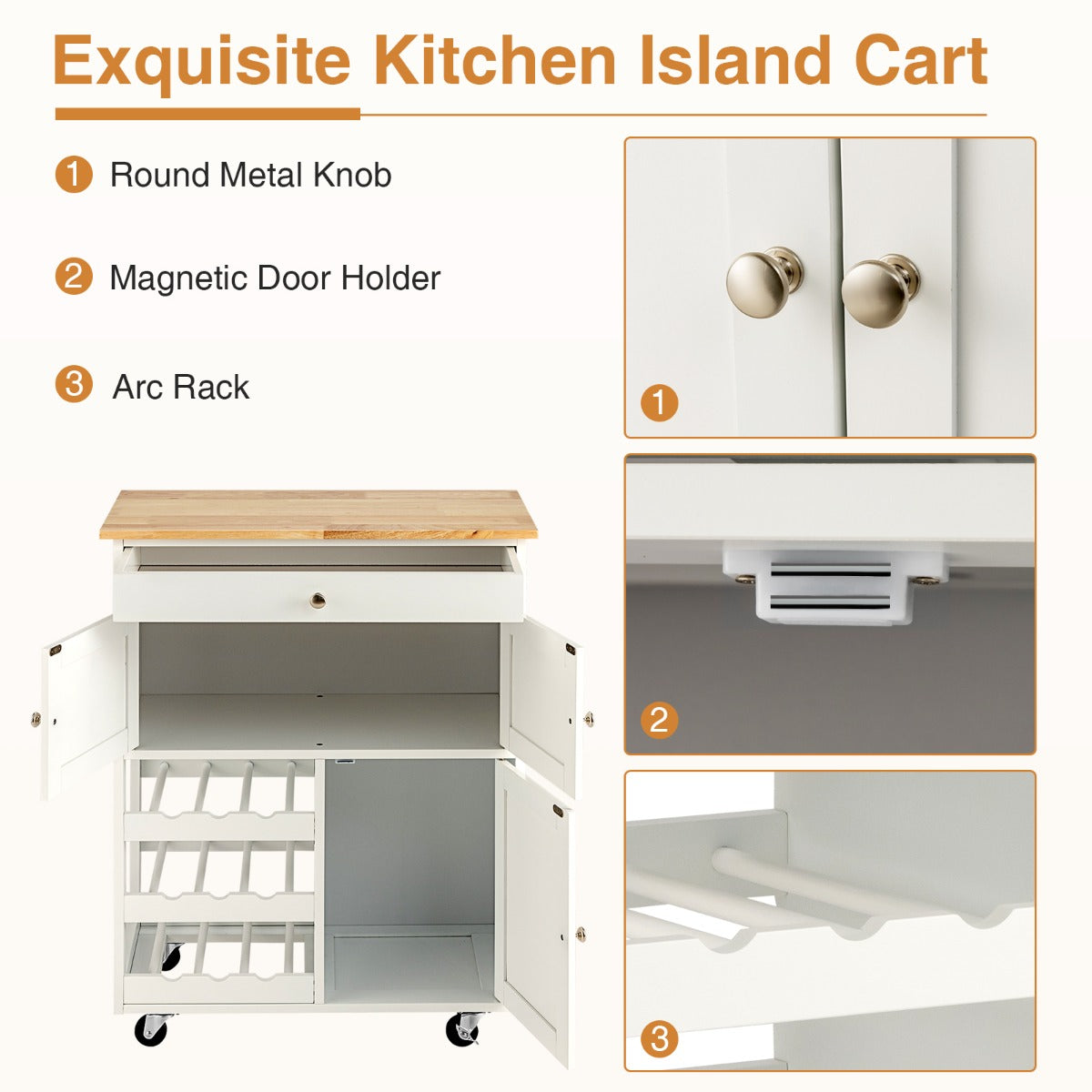 Rolling Kitchen Cart with 3 Tier Wine Racks and Cupboards