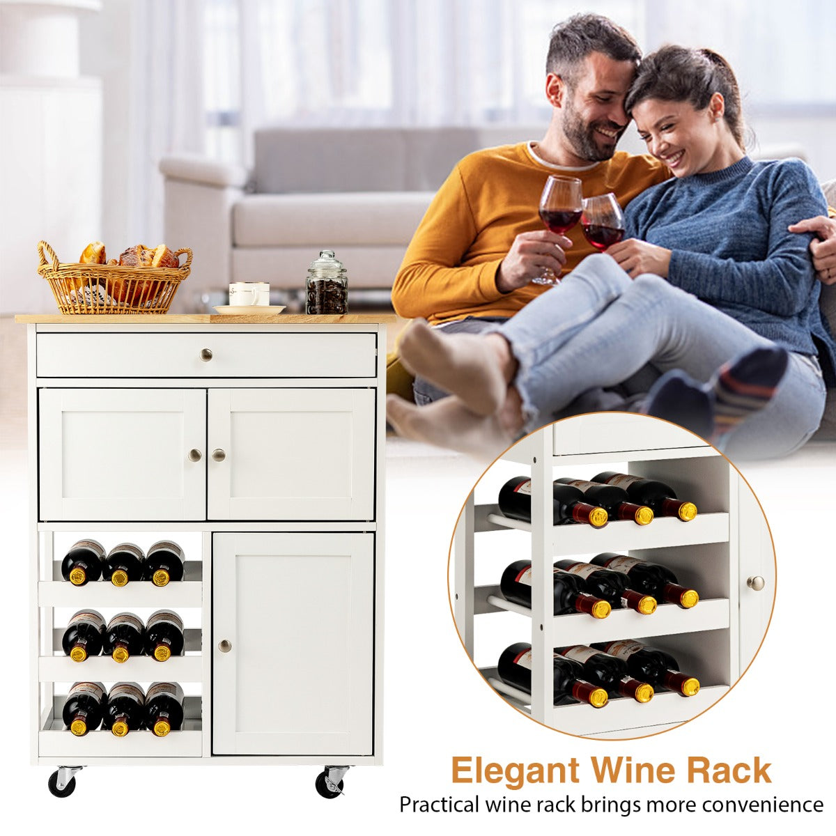 Rolling Kitchen Cart with 3 Tier Wine Racks and Cupboards