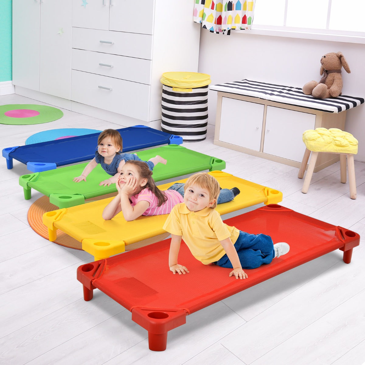 4 PCS Kids Stackable Daycare Cot with Easy Lift Corners