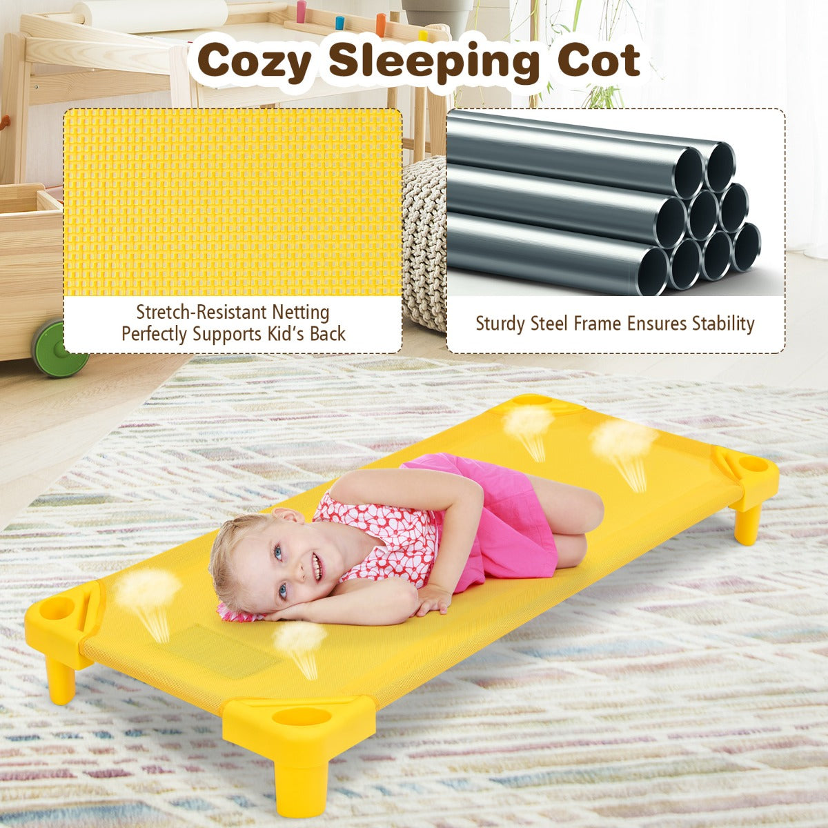 4 PCS Kids Stackable Daycare Cot with Easy Lift Corners