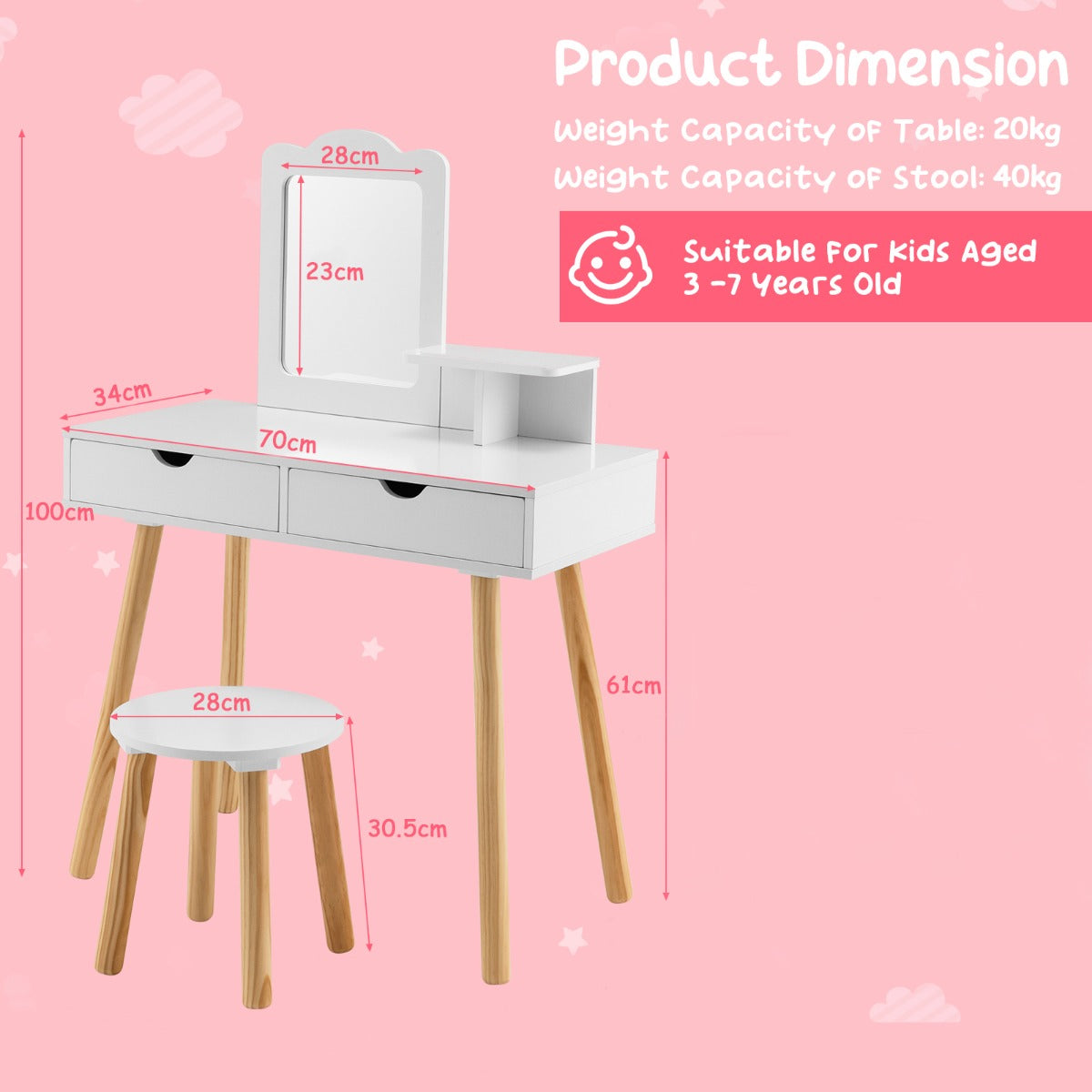 2-in-1 Kids' Vanity Set with 1 Rectangular Mirror & 2 Large Drawers