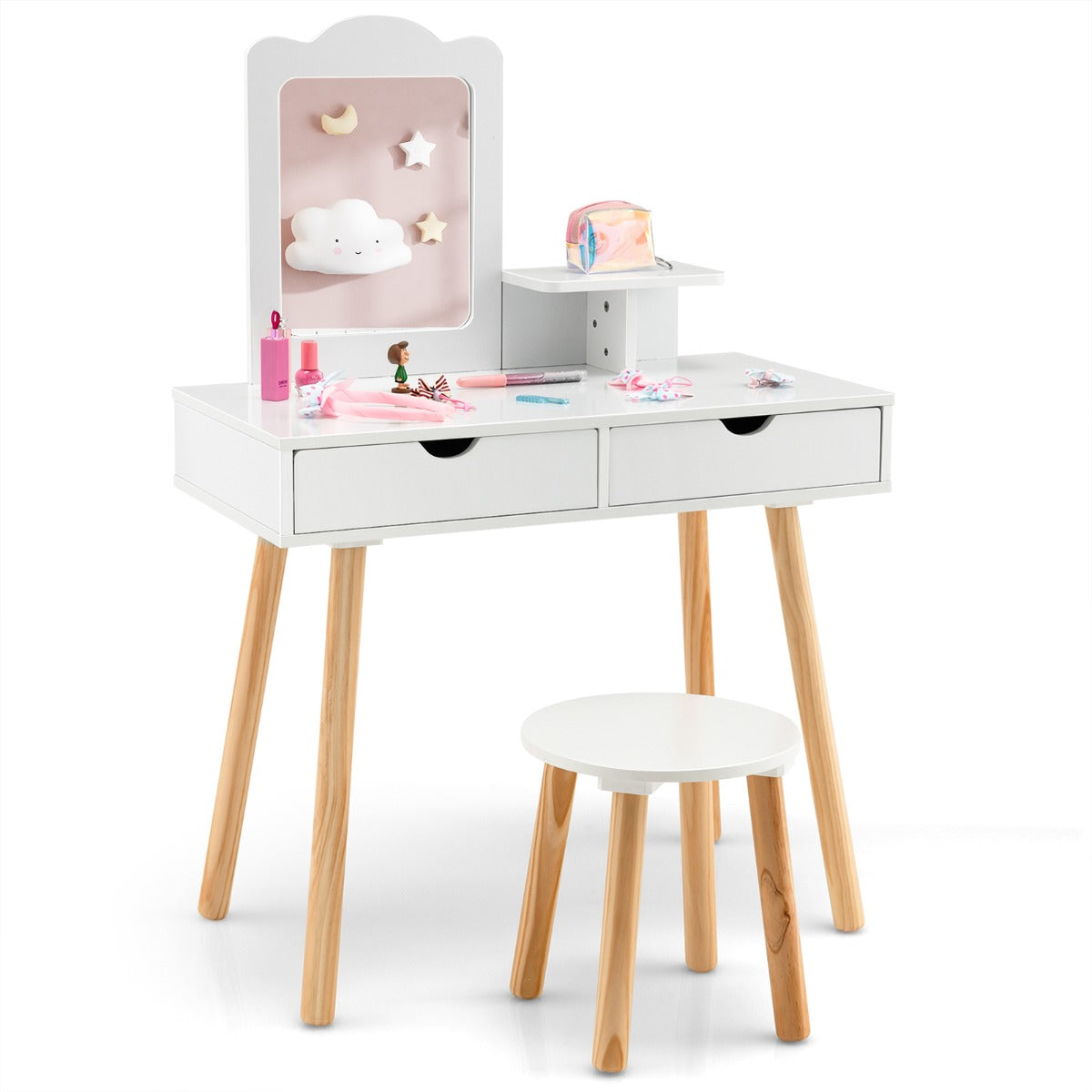 2-in-1 Kids' Vanity Set with 1 Rectangular Mirror & 2 Large Drawers