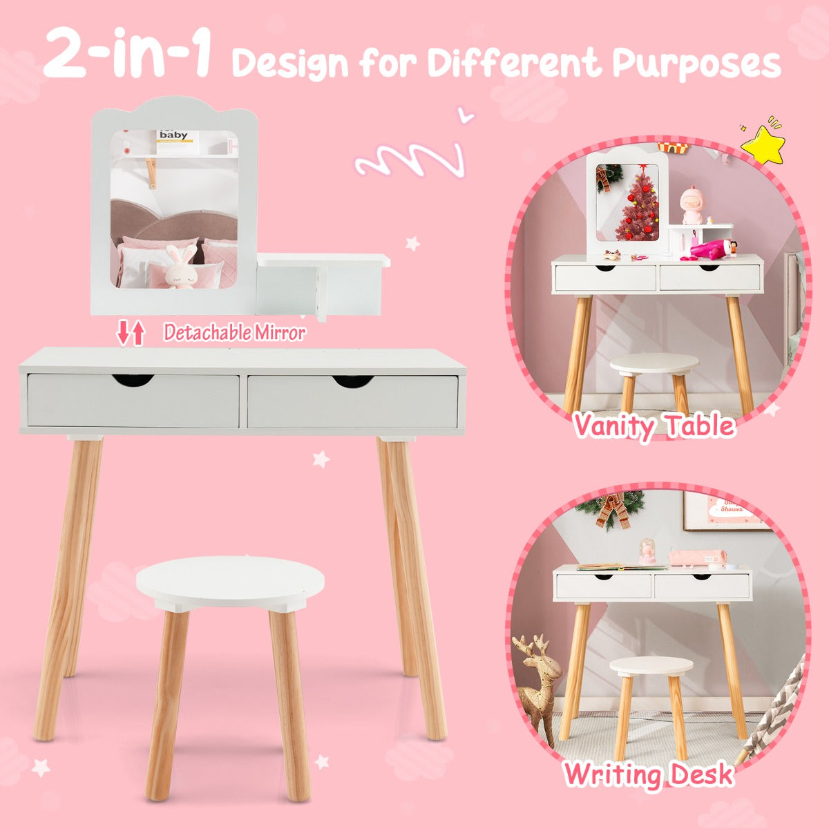 2-in-1 Kids' Vanity Set with 1 Rectangular Mirror & 2 Large Drawers