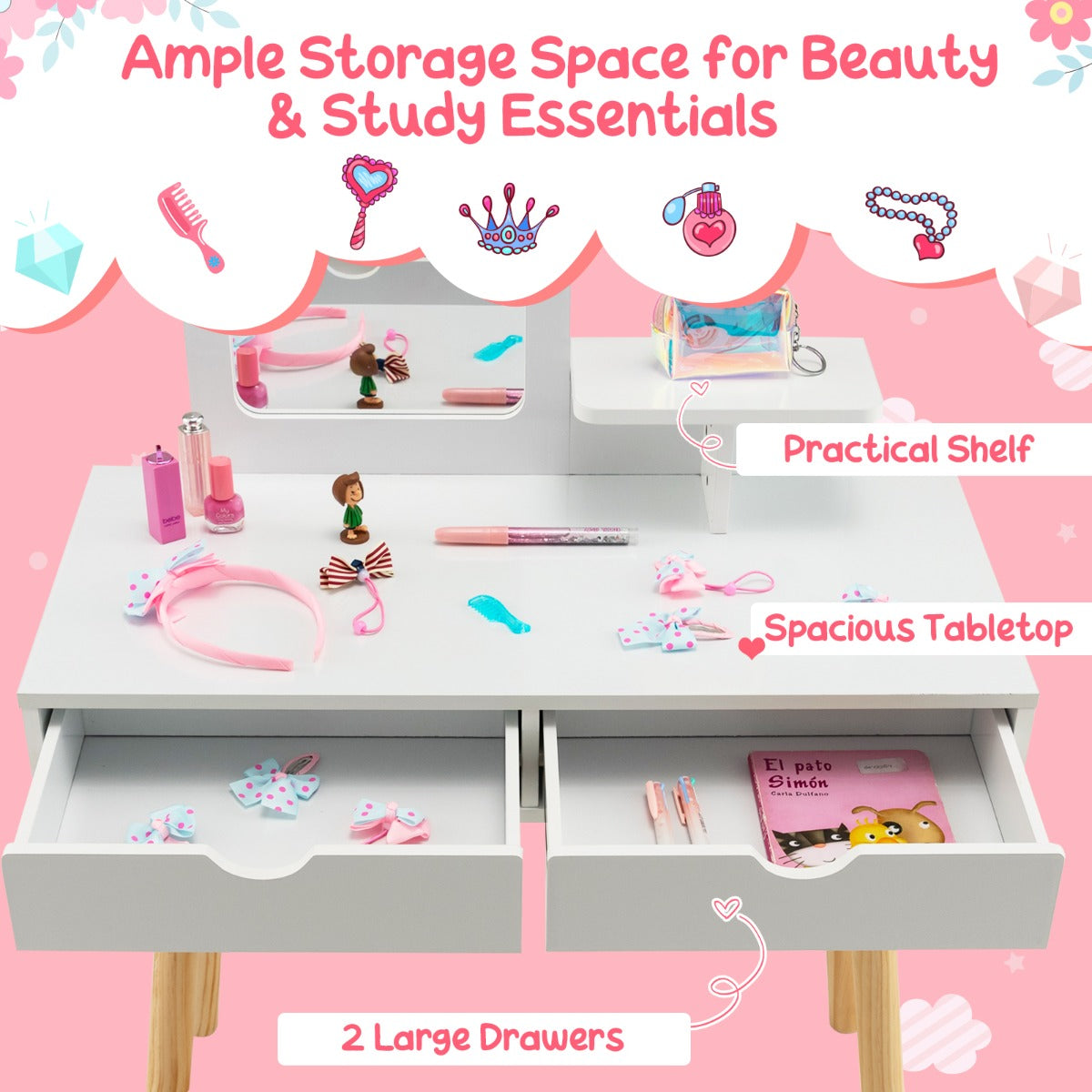 2-in-1 Kids' Vanity Set with 1 Rectangular Mirror & 2 Large Drawers