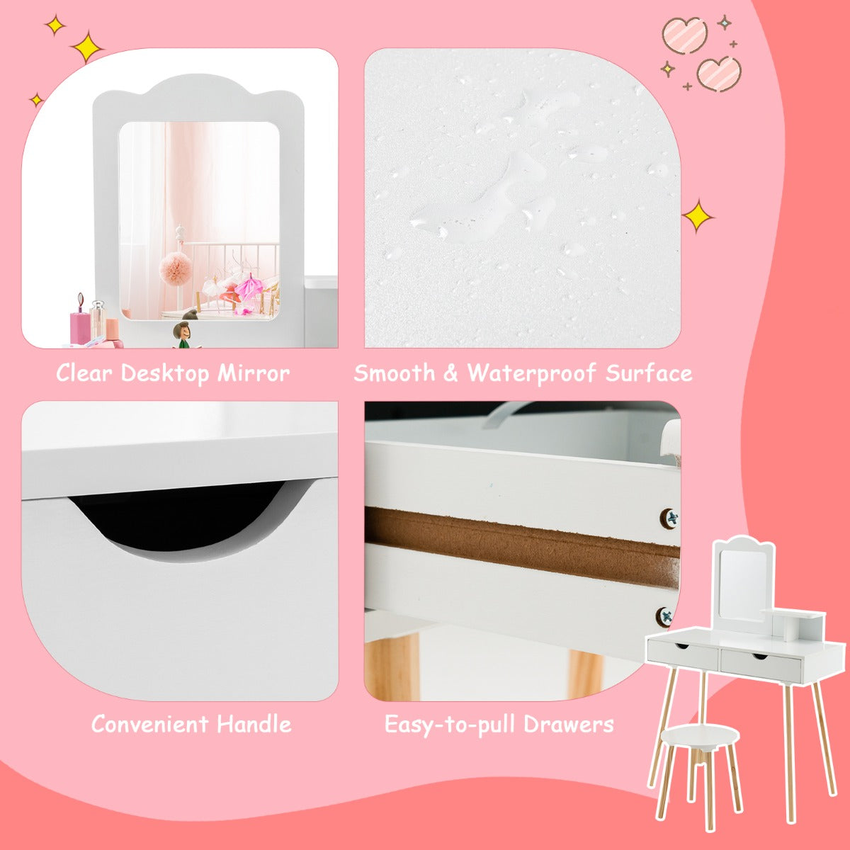 2-in-1 Kids' Vanity Set with 1 Rectangular Mirror & 2 Large Drawers