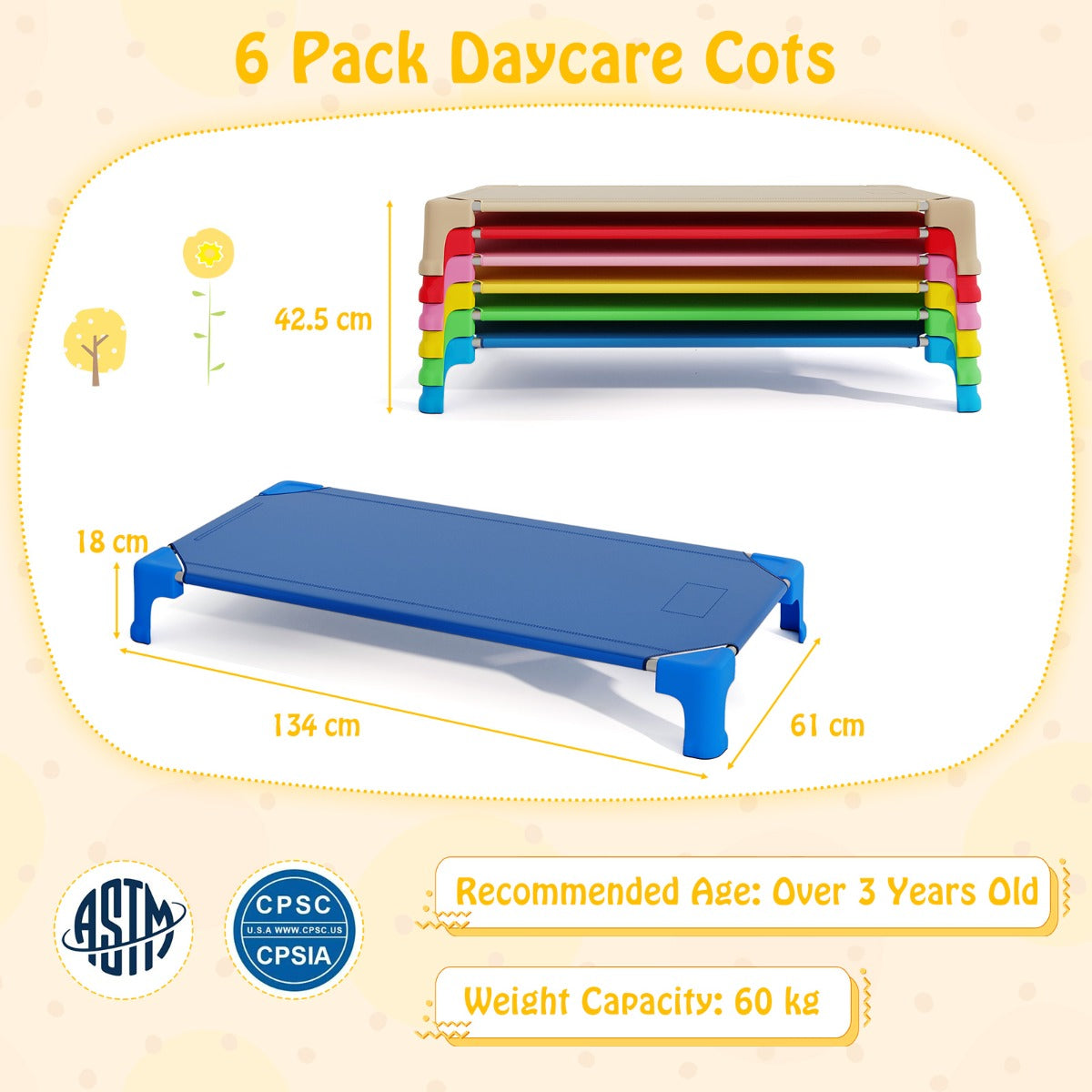 6 Pack Stackable Children's Nap Time Cots with Metal Frame and Oxford Cloth