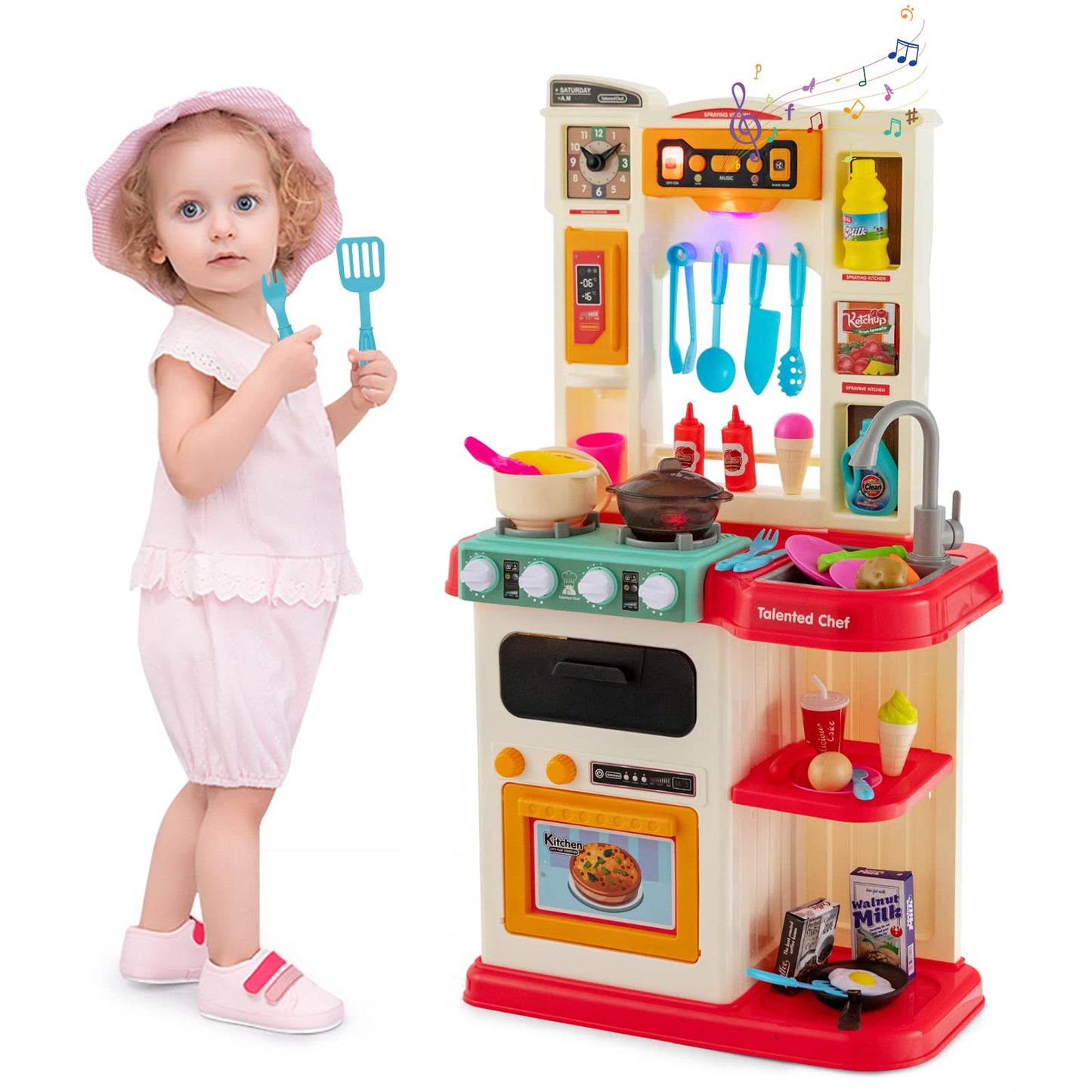 Kids Play Kitchen Set with 65 Pieces Accessories & Pretend Steam