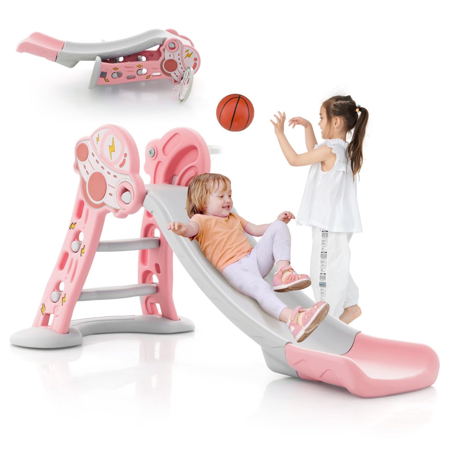 Folding Slide Playset with Basketball Hoop and Small Basketball for Kids