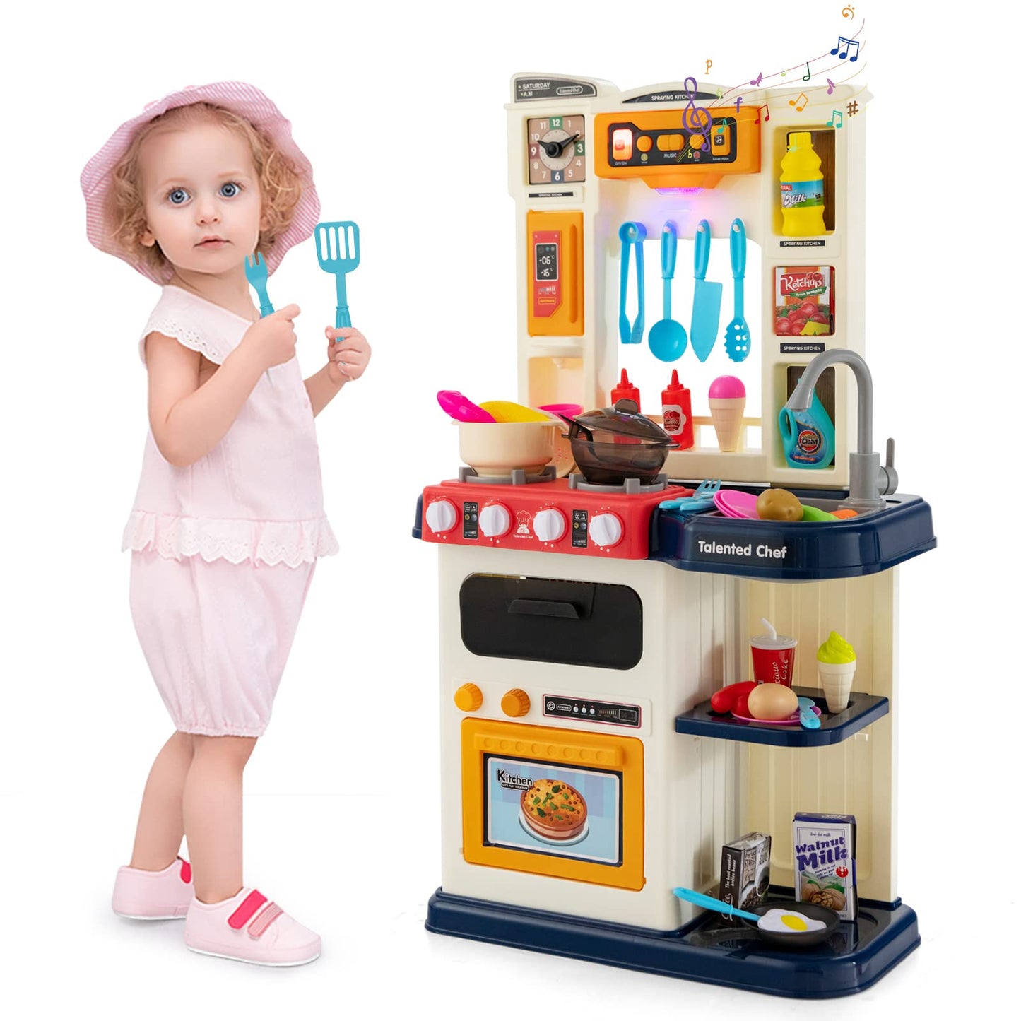 Kids Play Kitchen Set with 65 Pieces Accessories & Pretend Steam