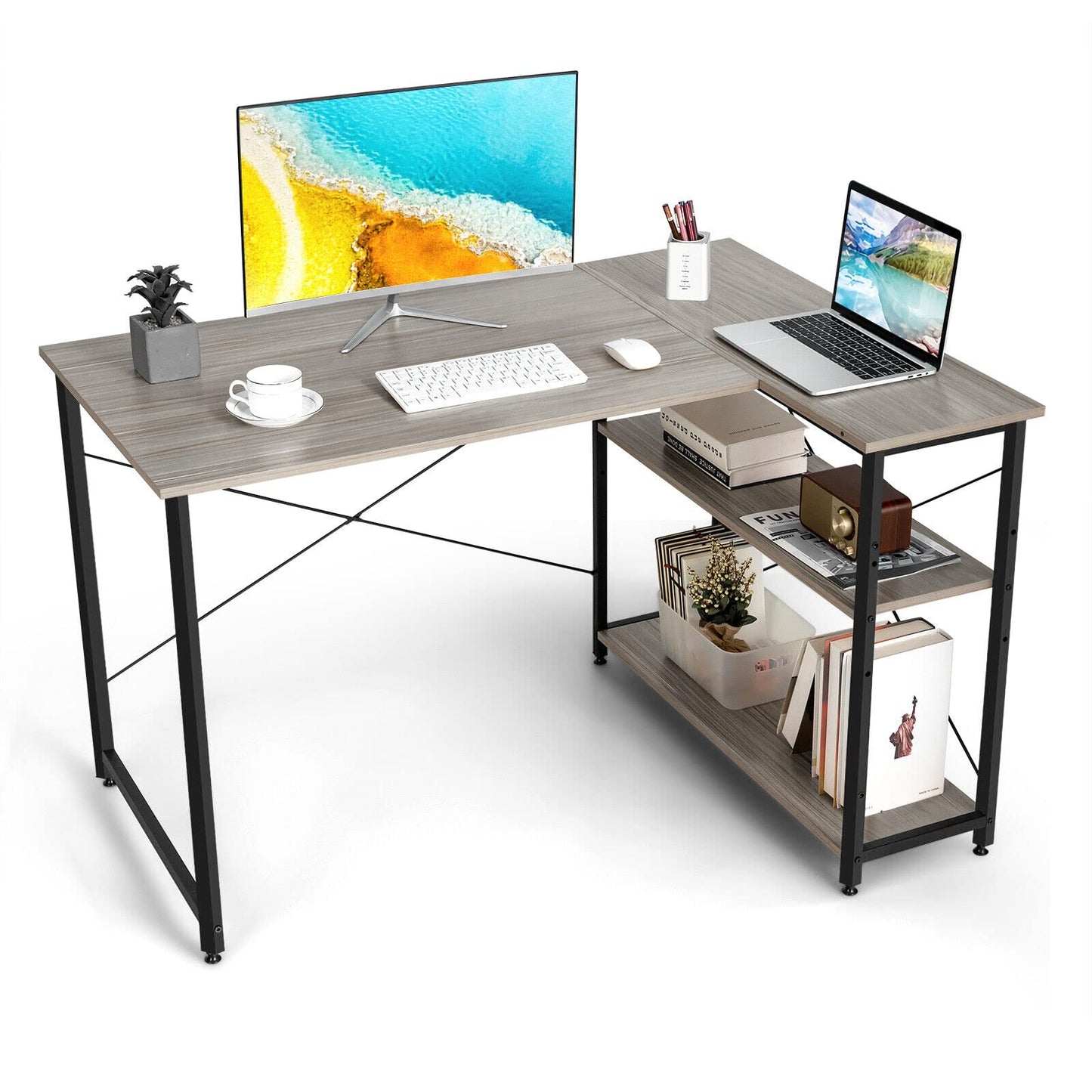 L-Shaped Corner Computer Desk with Adjustable Bookshelf for Office