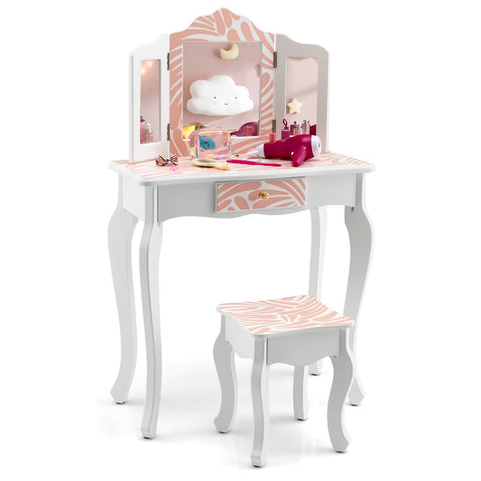 Kids Vanity Set with Tri-folding Mirror, Drawer and Stool -Zebra- stripe Print