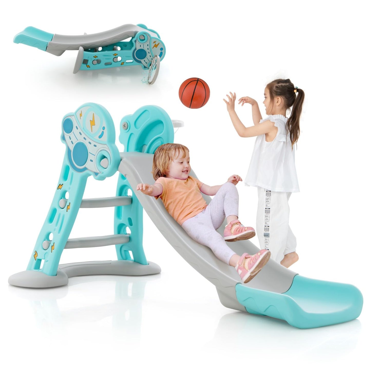 Folding Slide Playset with Basketball Hoop and Small Basketball for Kids