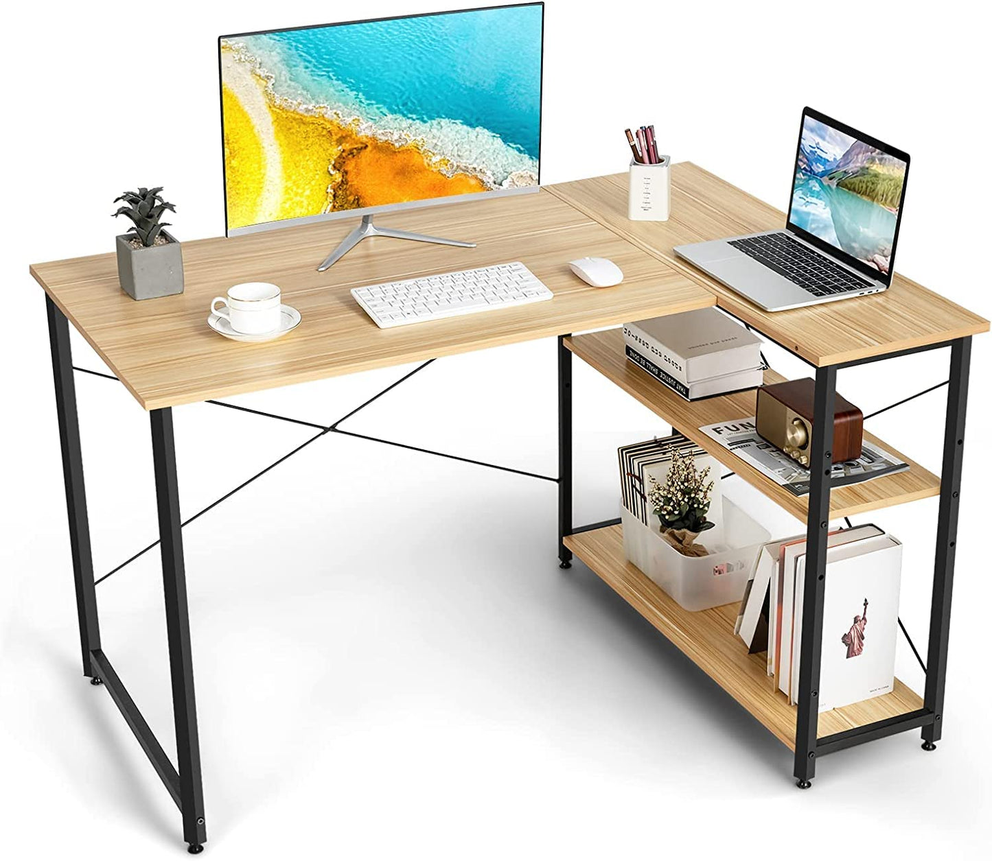 L-Shaped Corner Computer Desk with Adjustable Bookshelf for Office