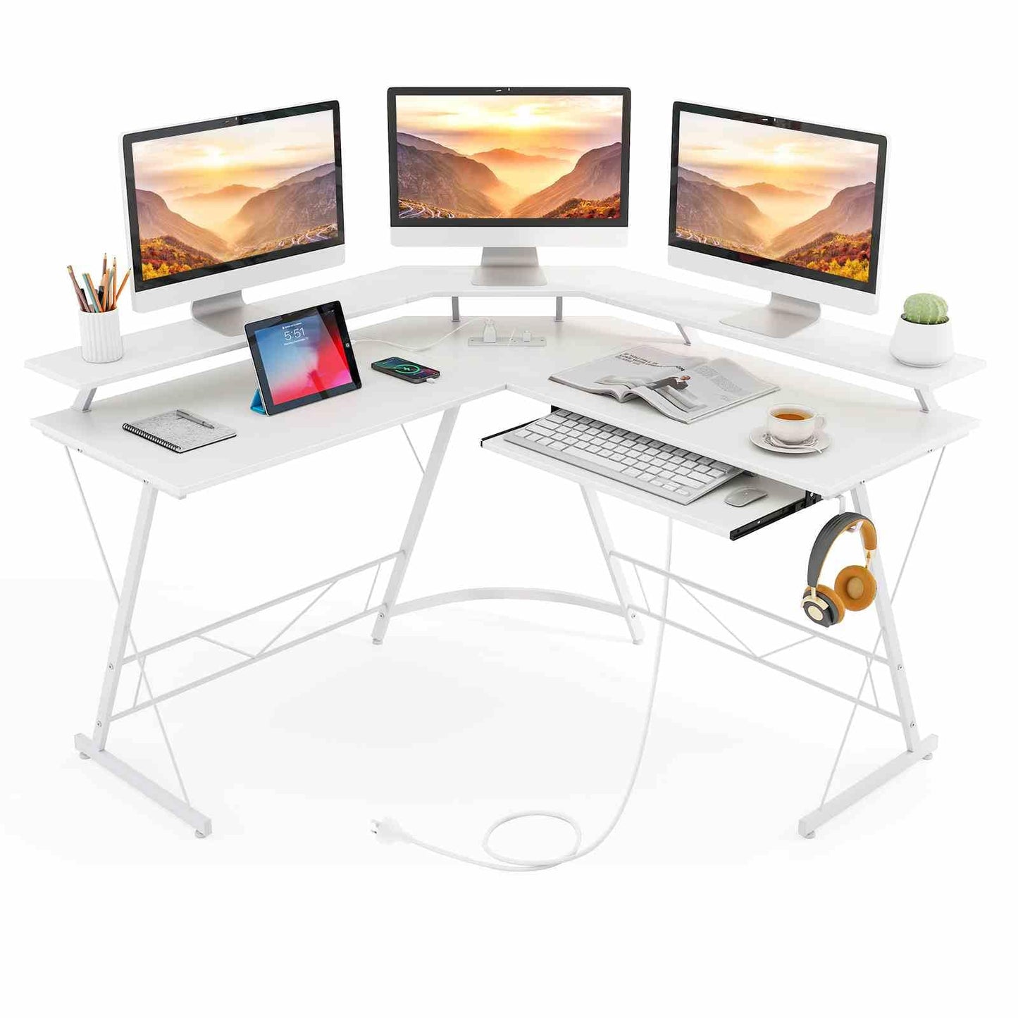 L-shaped Computer Desk with Power Outlet for Home Office