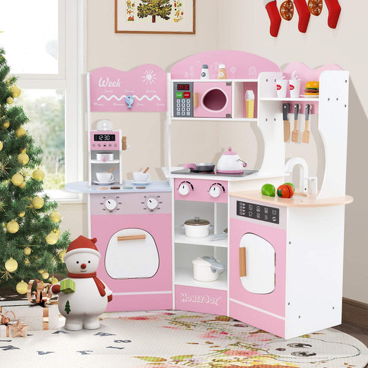 Corner Wooden Play Kitchen with Lights Sounds and Accessories