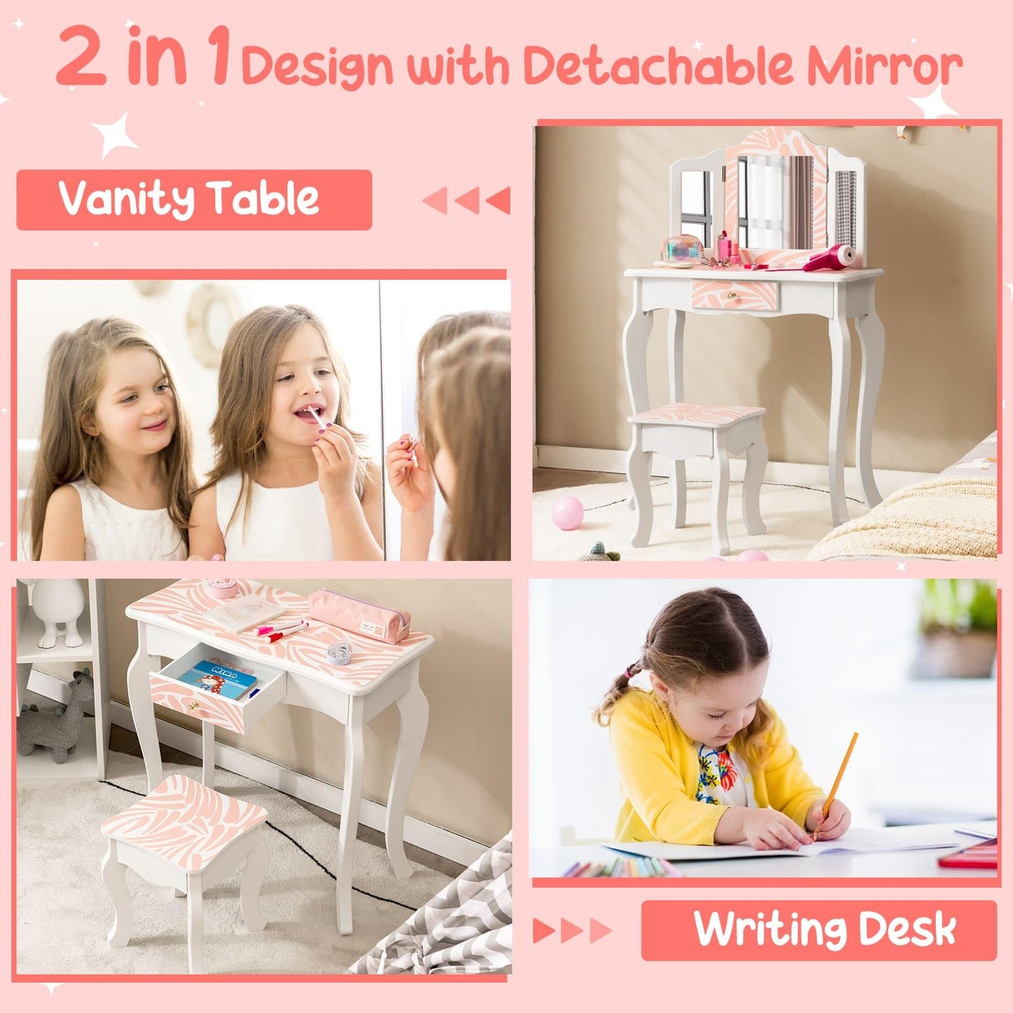 Kids Vanity Set with Tri-folding Mirror, Drawer and Stool -Zebra- stripe Print