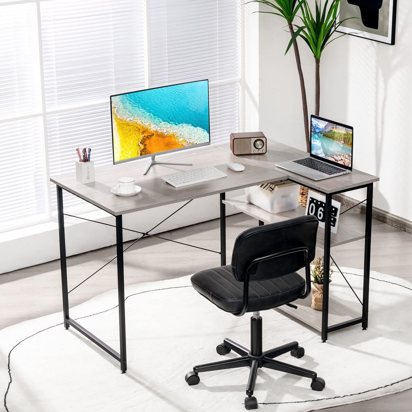 L-Shaped Corner Computer Desk with Adjustable Bookshelf for Office