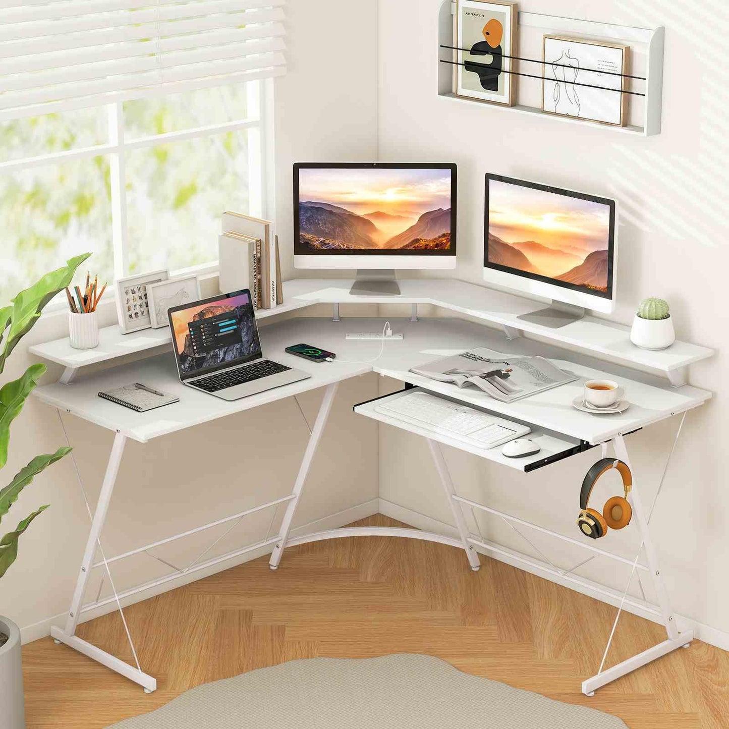 L-shaped Computer Desk with Power Outlet for Home Office