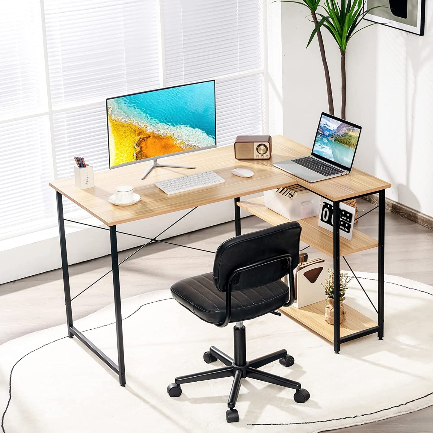 L-Shaped Corner Computer Desk with Adjustable Bookshelf for Office