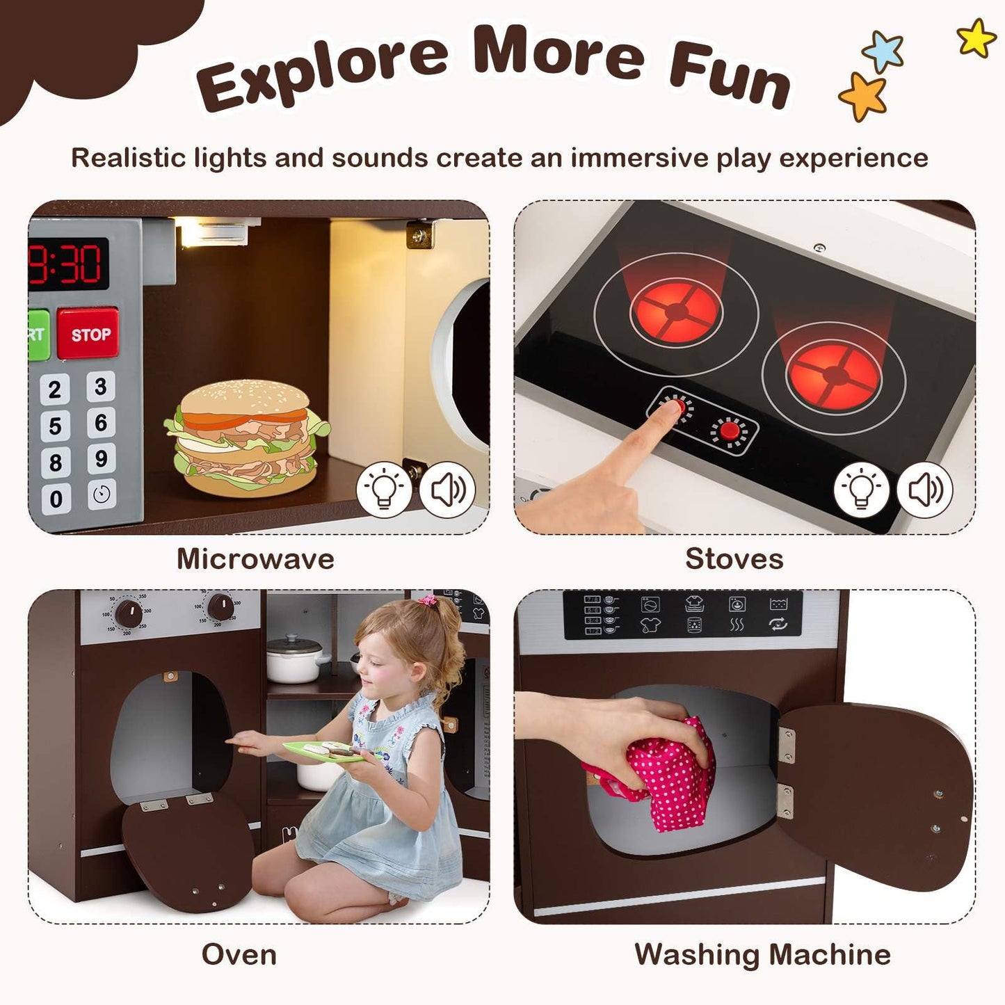 Corner Wooden Play Kitchen with Lights Sounds and Accessories