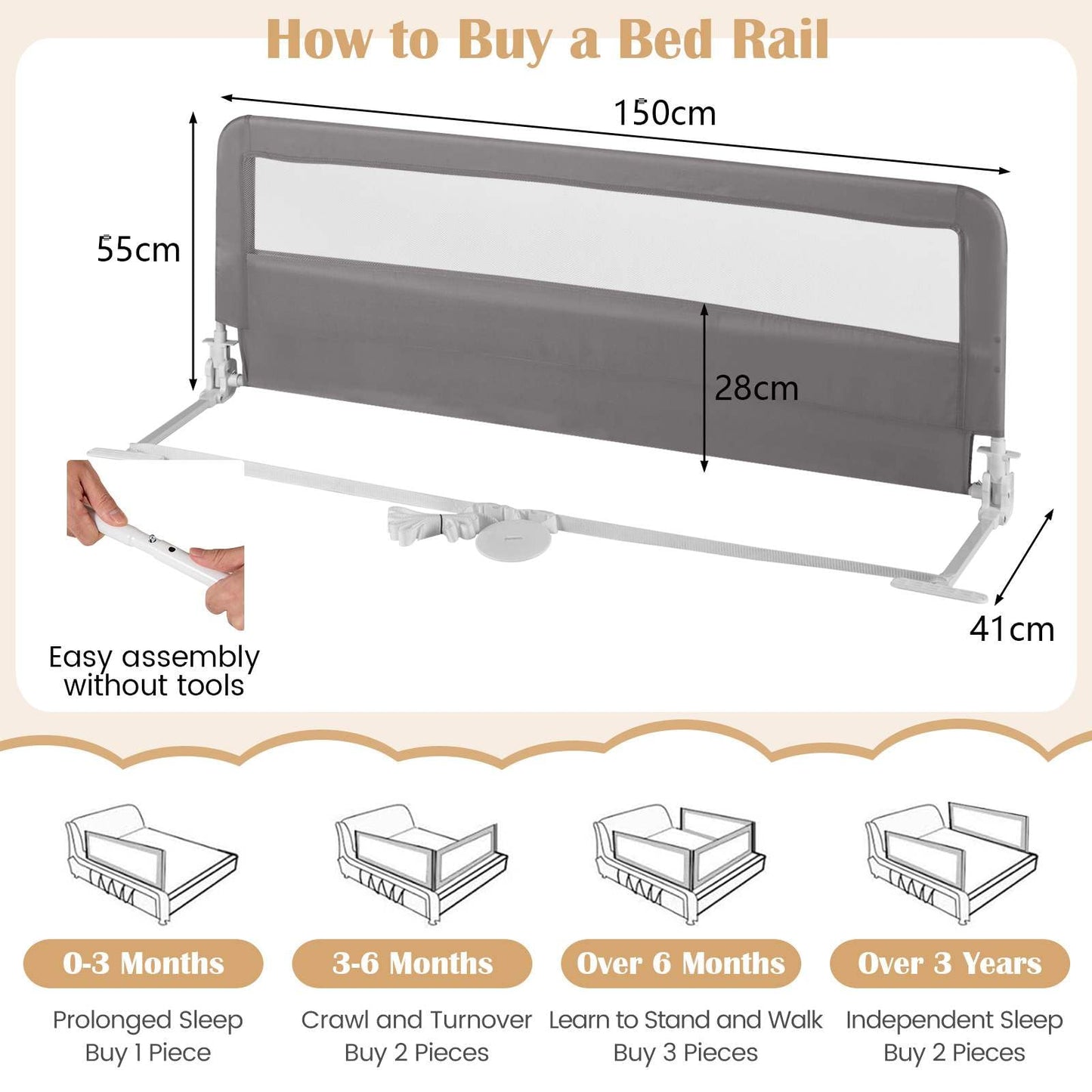 Height Adjustable Bed Rail with Mesh Cloth for Toddlers