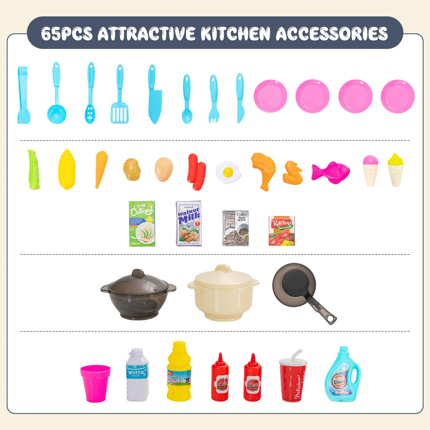 Kids Play Kitchen Set with 65 Pieces Accessories & Pretend Steam