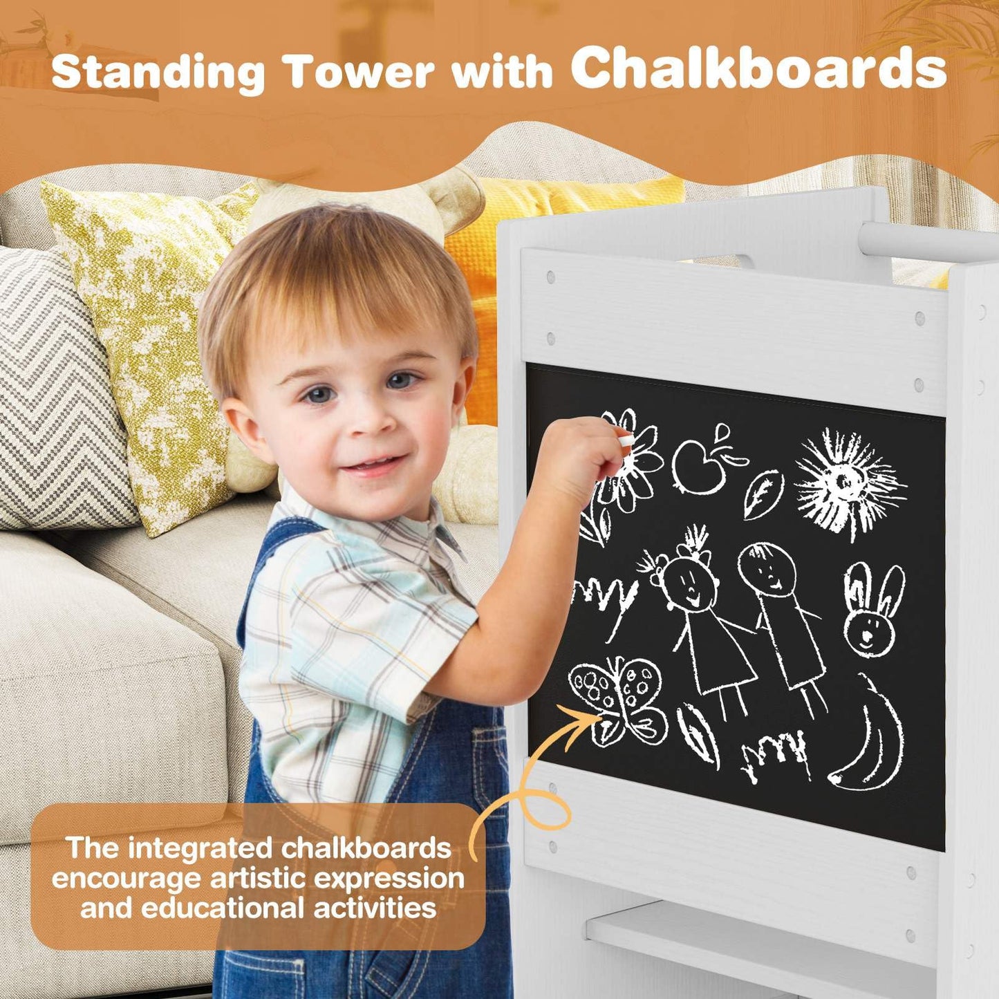 Toddler Kitchen Step Stool with Activity Chalkboard and Adjustable Height