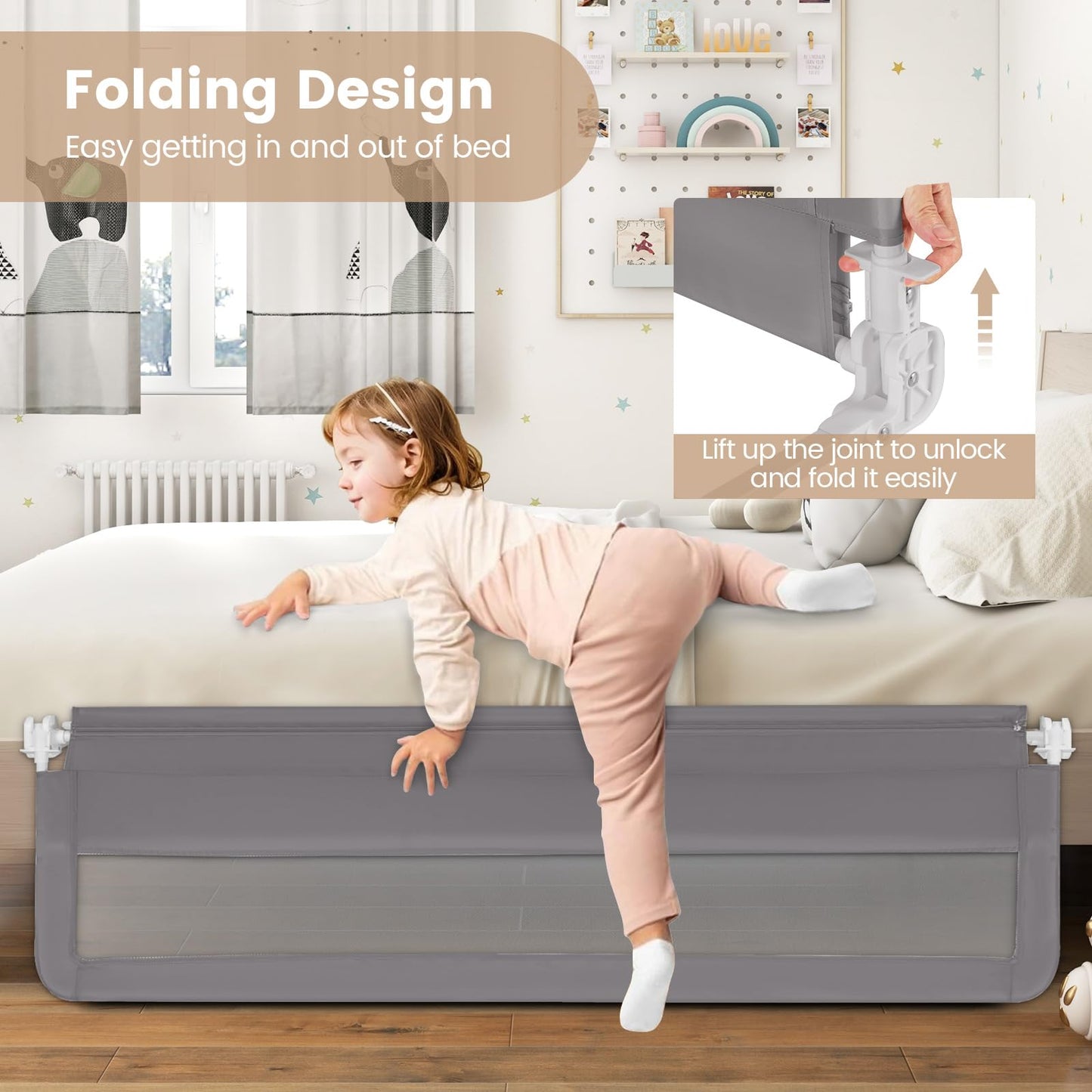 Foldable Mesh Bed Rail with Safety Straps for Toddlers