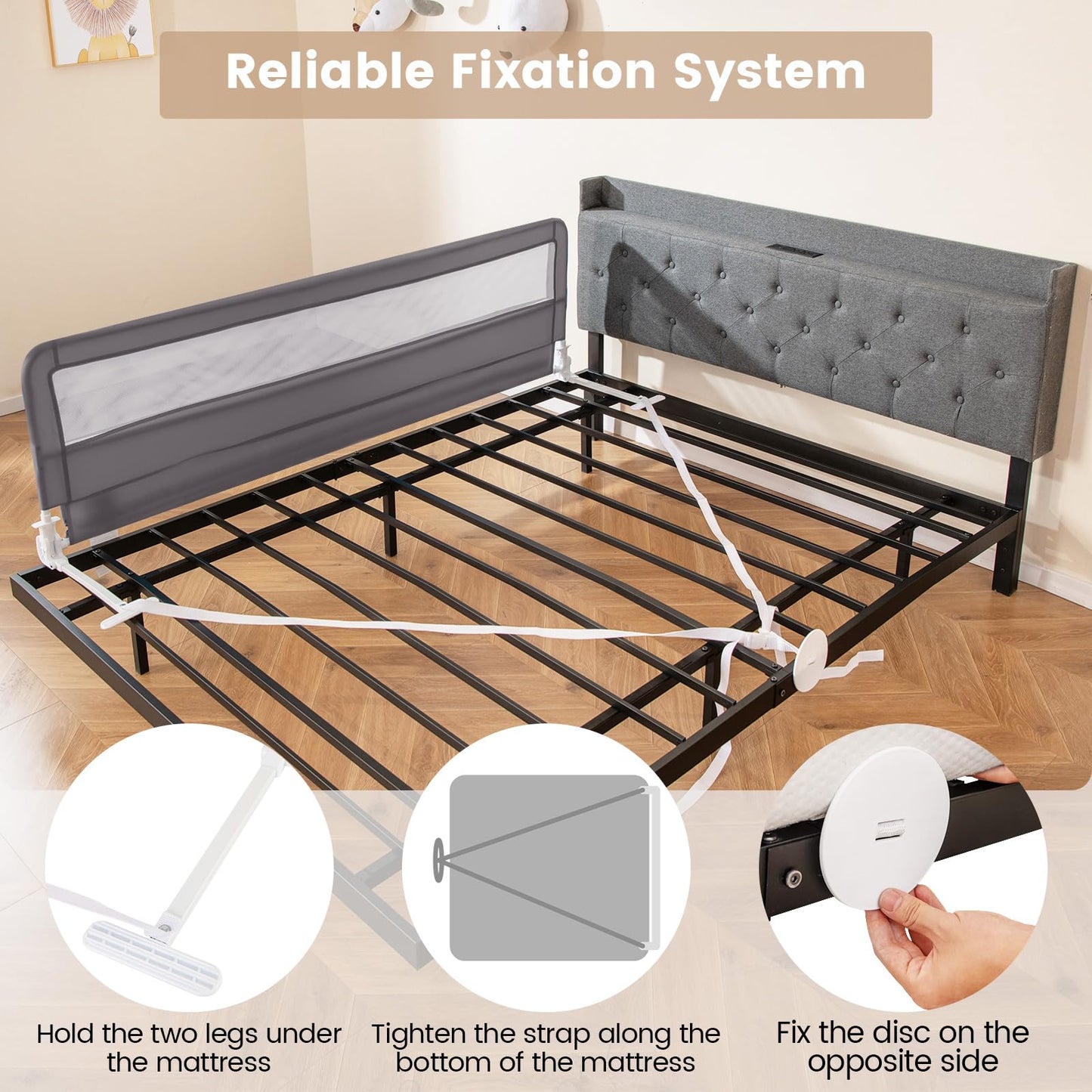 Foldable Mesh Bed Rail with Safety Straps for Toddlers