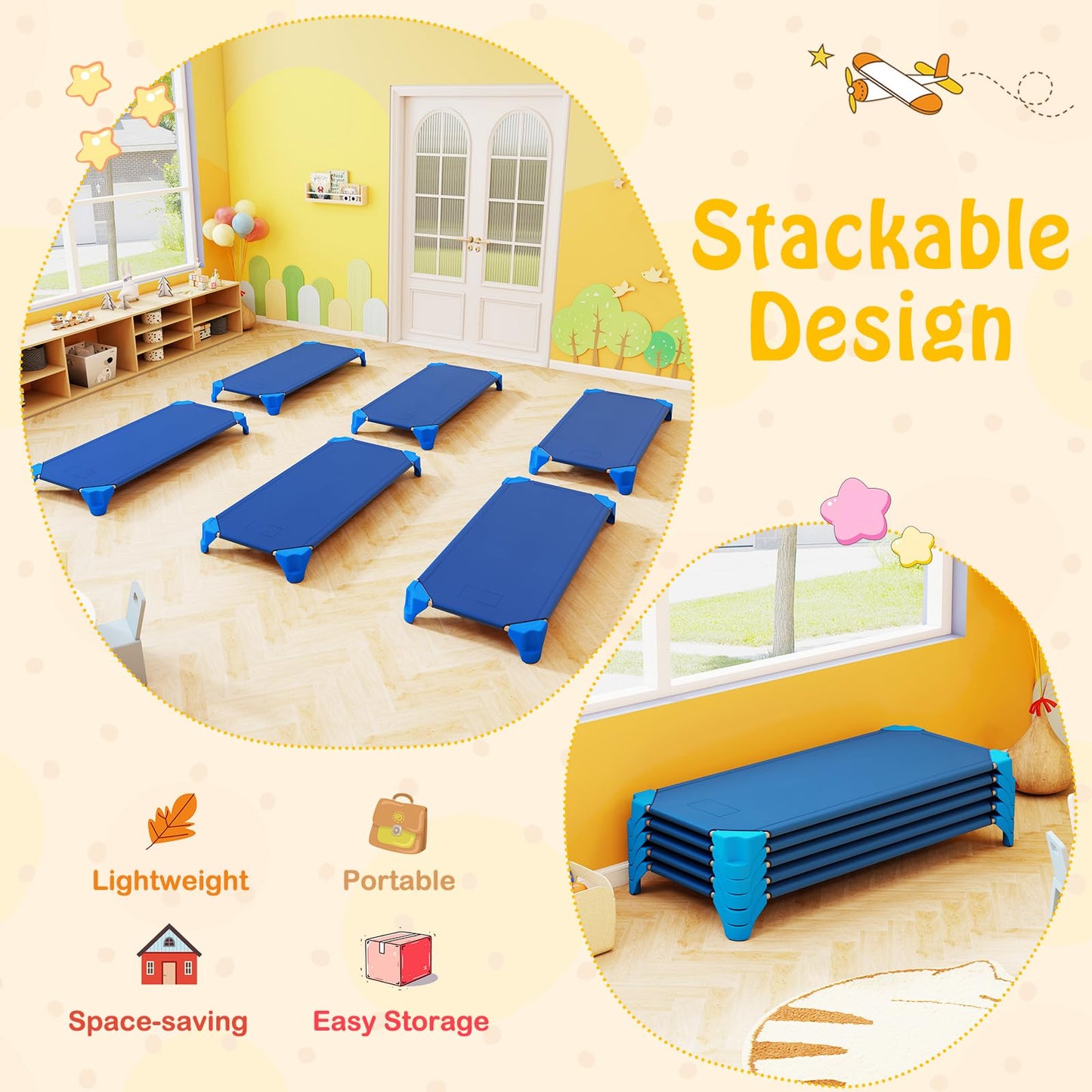 6 Pack Stackable Children's Nap Time Cots with Metal Frame and Oxford Cloth