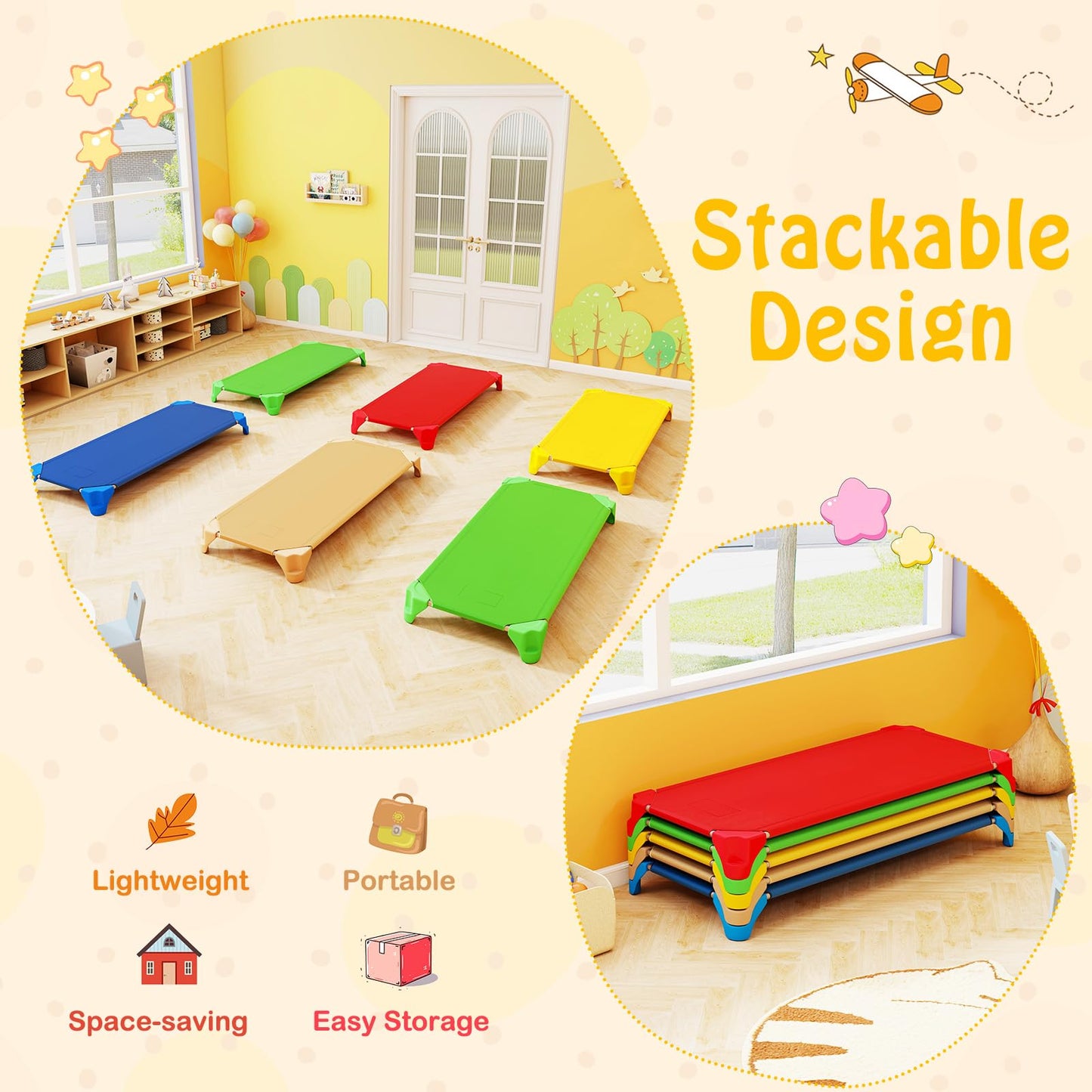 6 Pack Stackable Children's Nap Time Cots with Metal Frame and Oxford Cloth