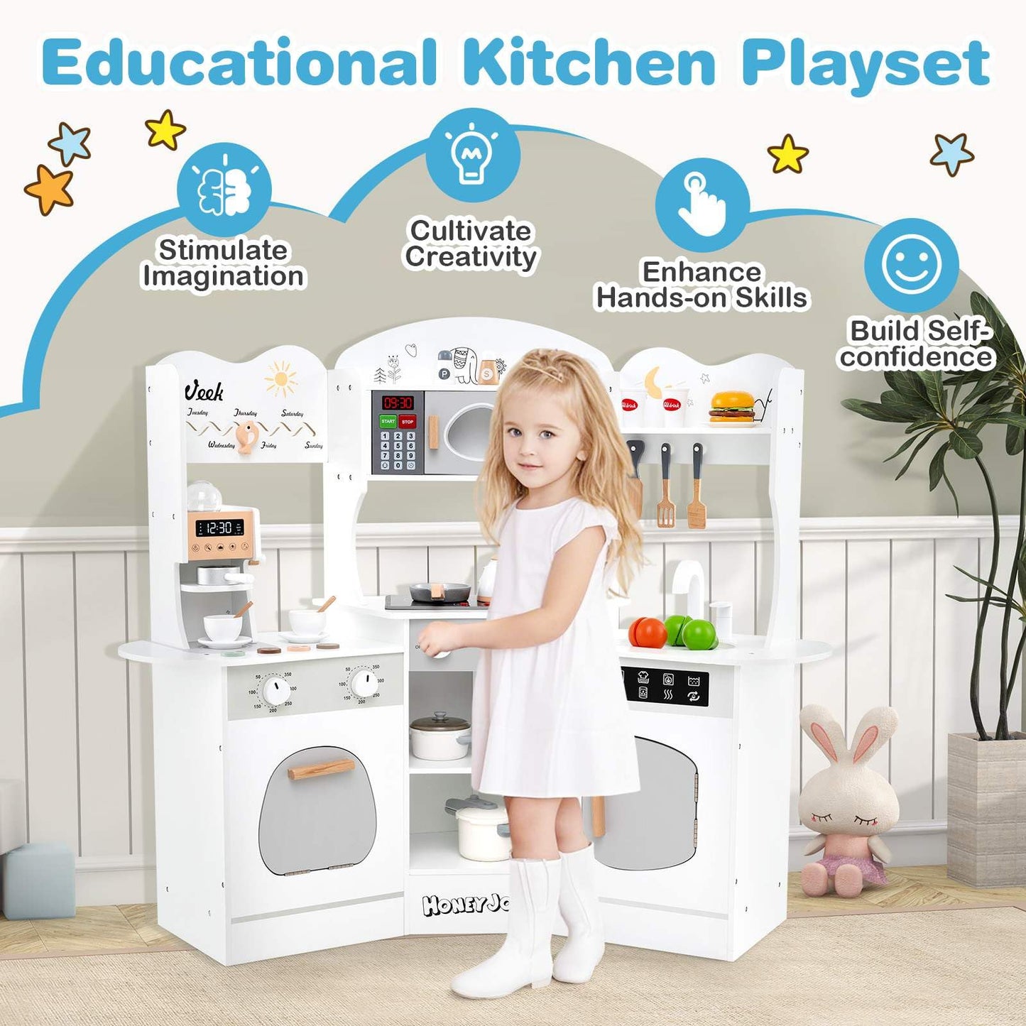 Corner Wooden Play Kitchen with Lights Sounds and Accessories