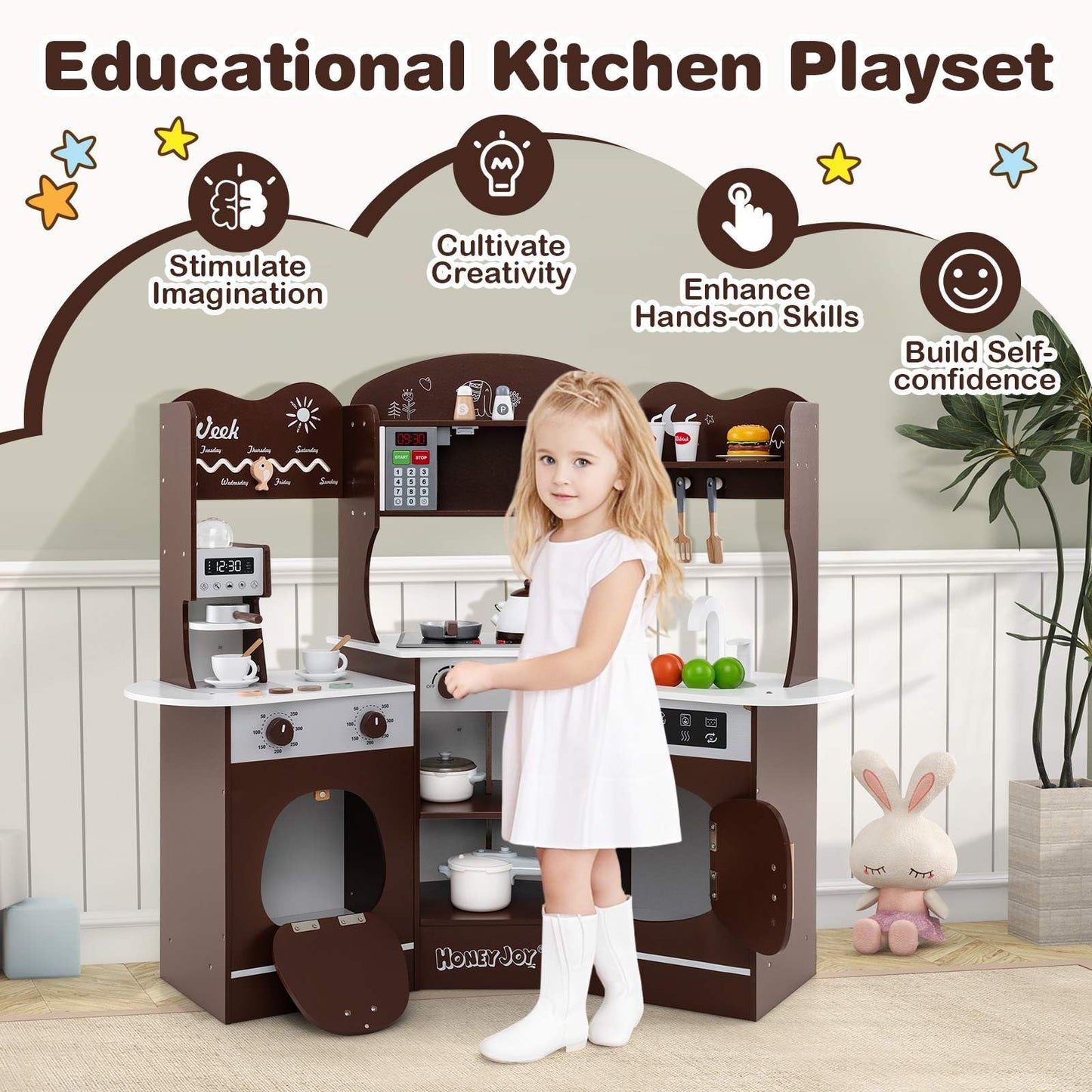 Corner Wooden Play Kitchen with Lights Sounds and Accessories