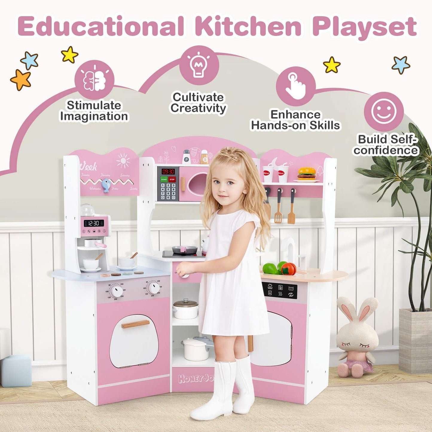 Corner Wooden Play Kitchen with Lights Sounds and Accessories