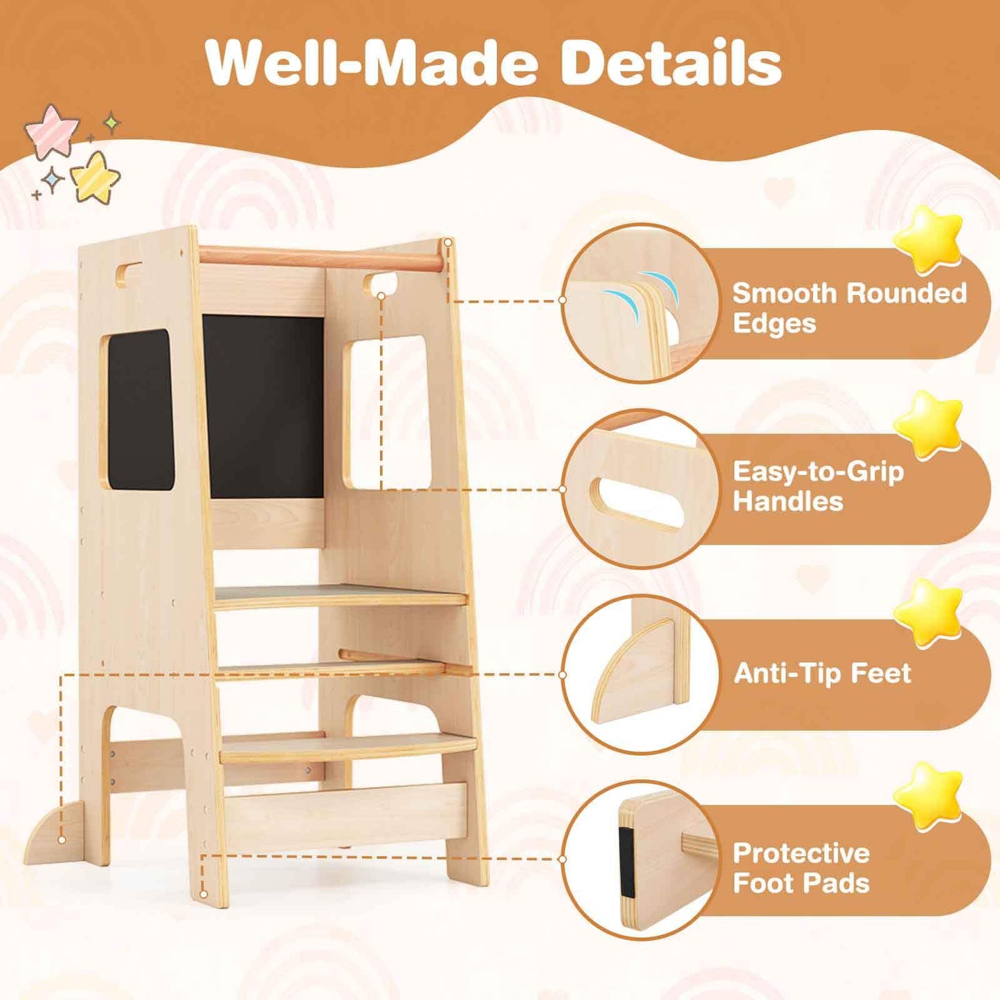 Toddler Kitchen Step Stool with Activity Chalkboard and Adjustable Height